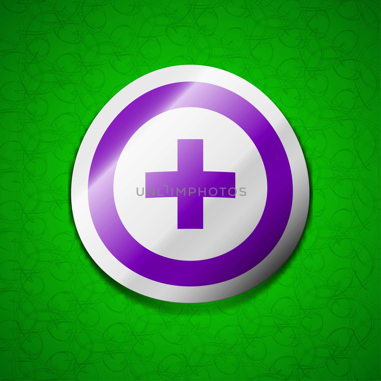 Plus, Positive icon sign. Symbol chic colored sticky label on green background.  by serhii_lohvyniuk