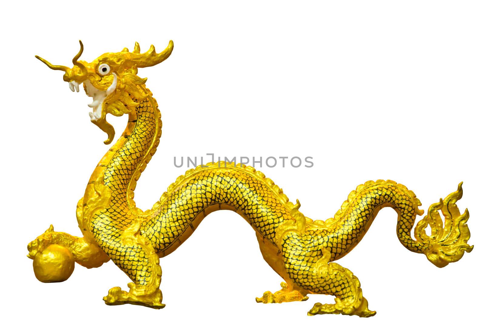 Chinese Golden Dragon statue marble pedal. Isolated on white background, clipping path