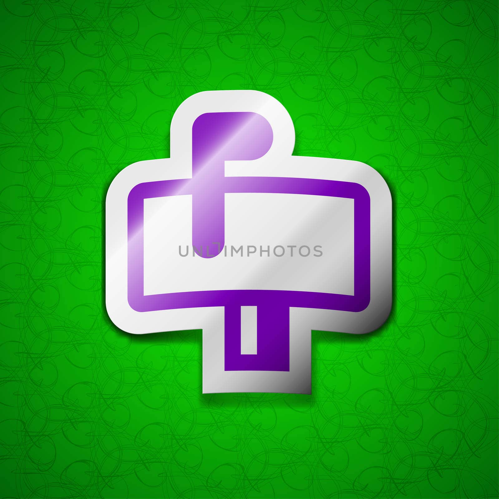 Mailbox icon sign. Symbol chic colored sticky label on green background. illustration