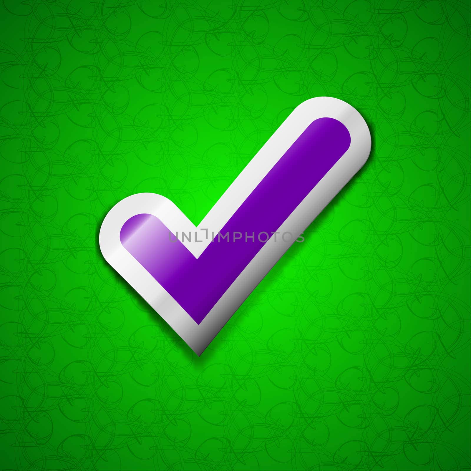 Check mark, tik icon sign. Symbol chic colored sticky label on green background. illustration