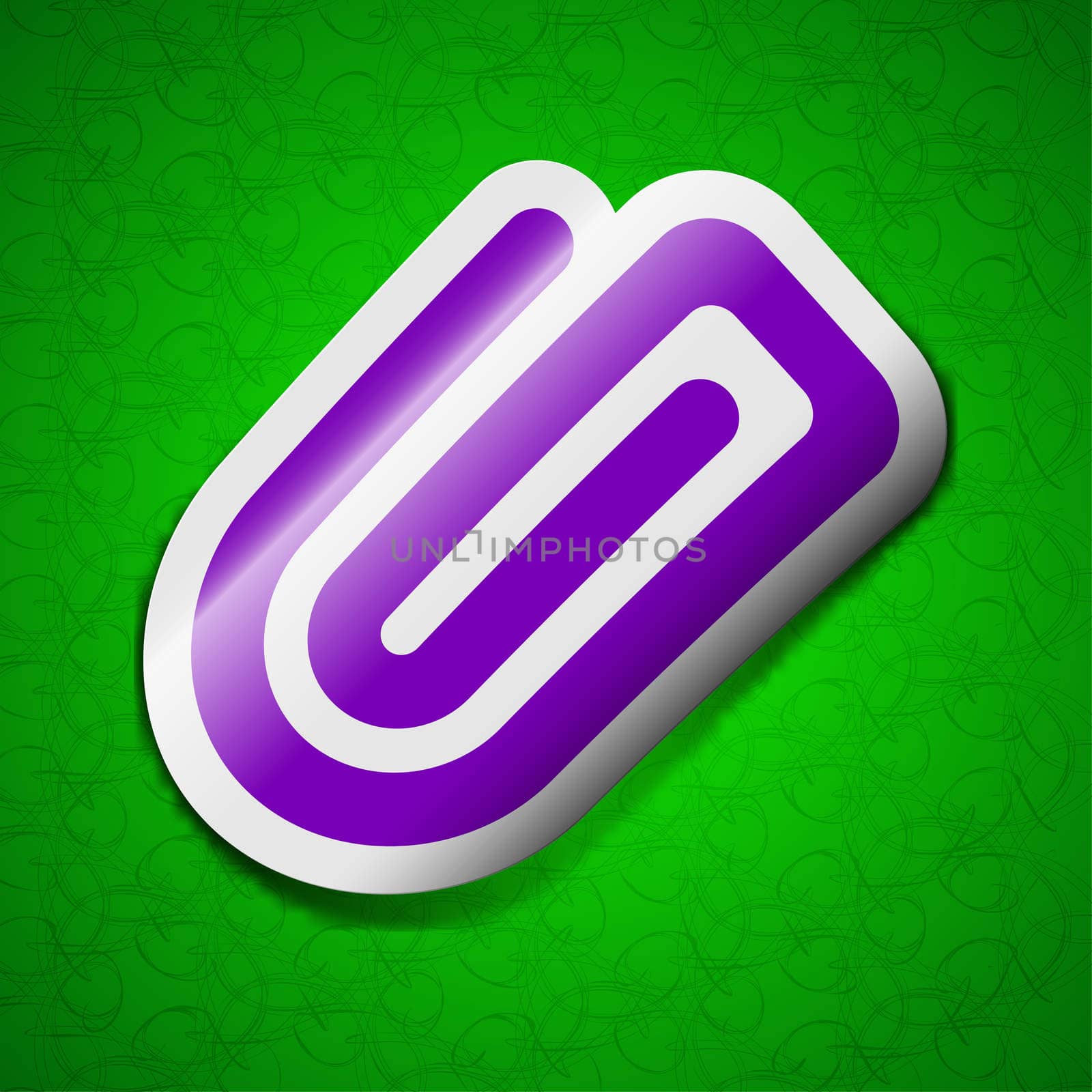 Paper Clip icon sign. Symbol chic colored sticky label on green background. illustration