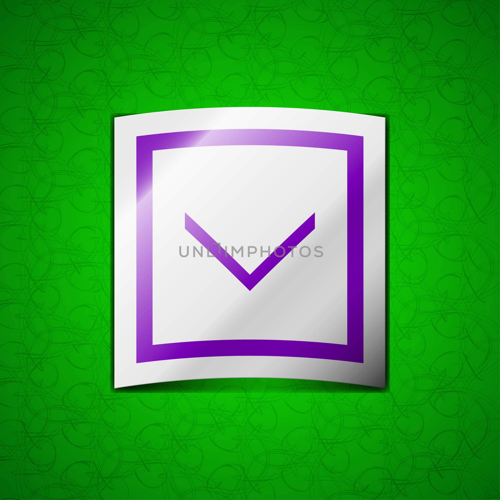 Arrow down, Download, Load, Backup icon sign. Symbol chic colored sticky label on green background. illustration