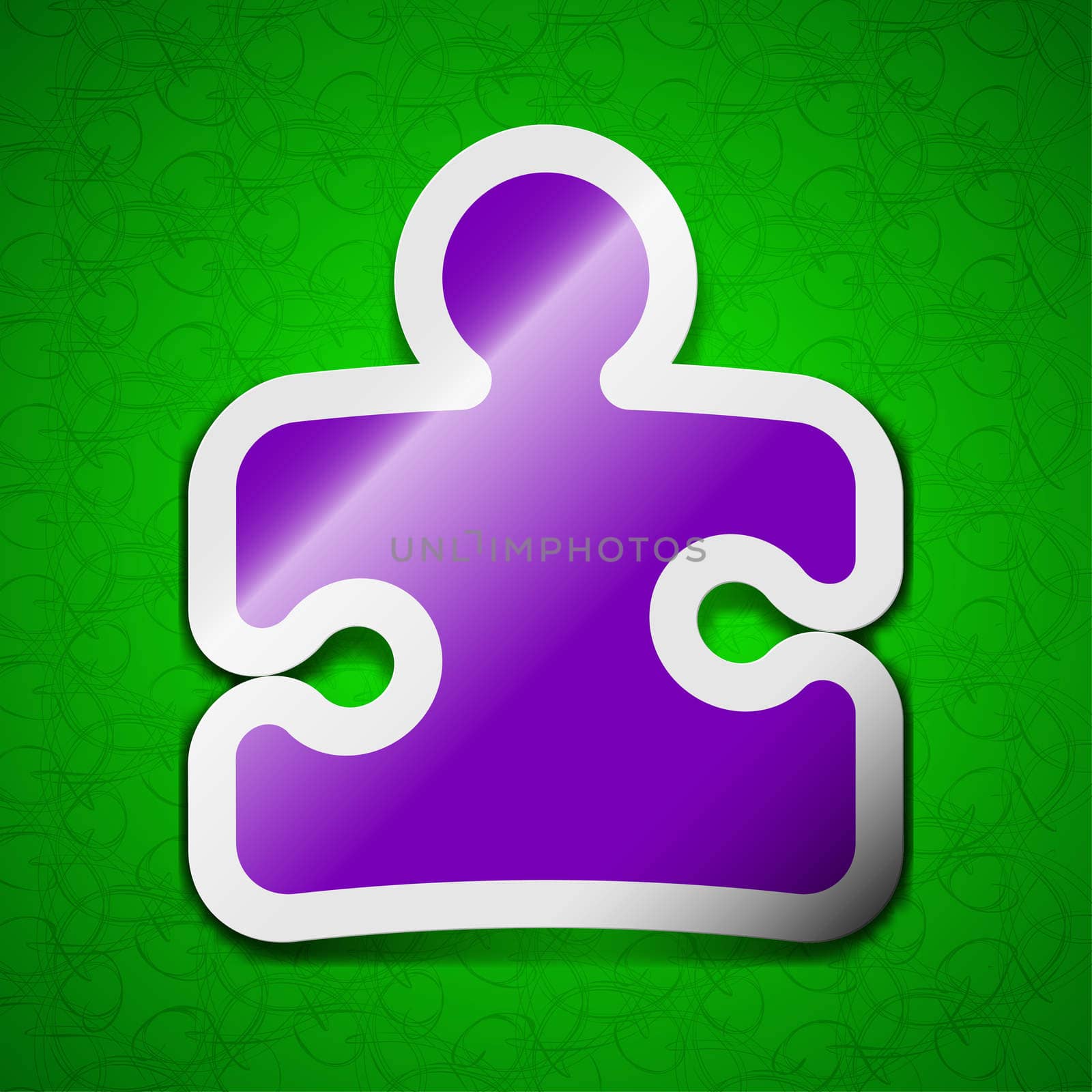 Puzzle piece icon sign. Symbol chic colored sticky label on green background. illustration