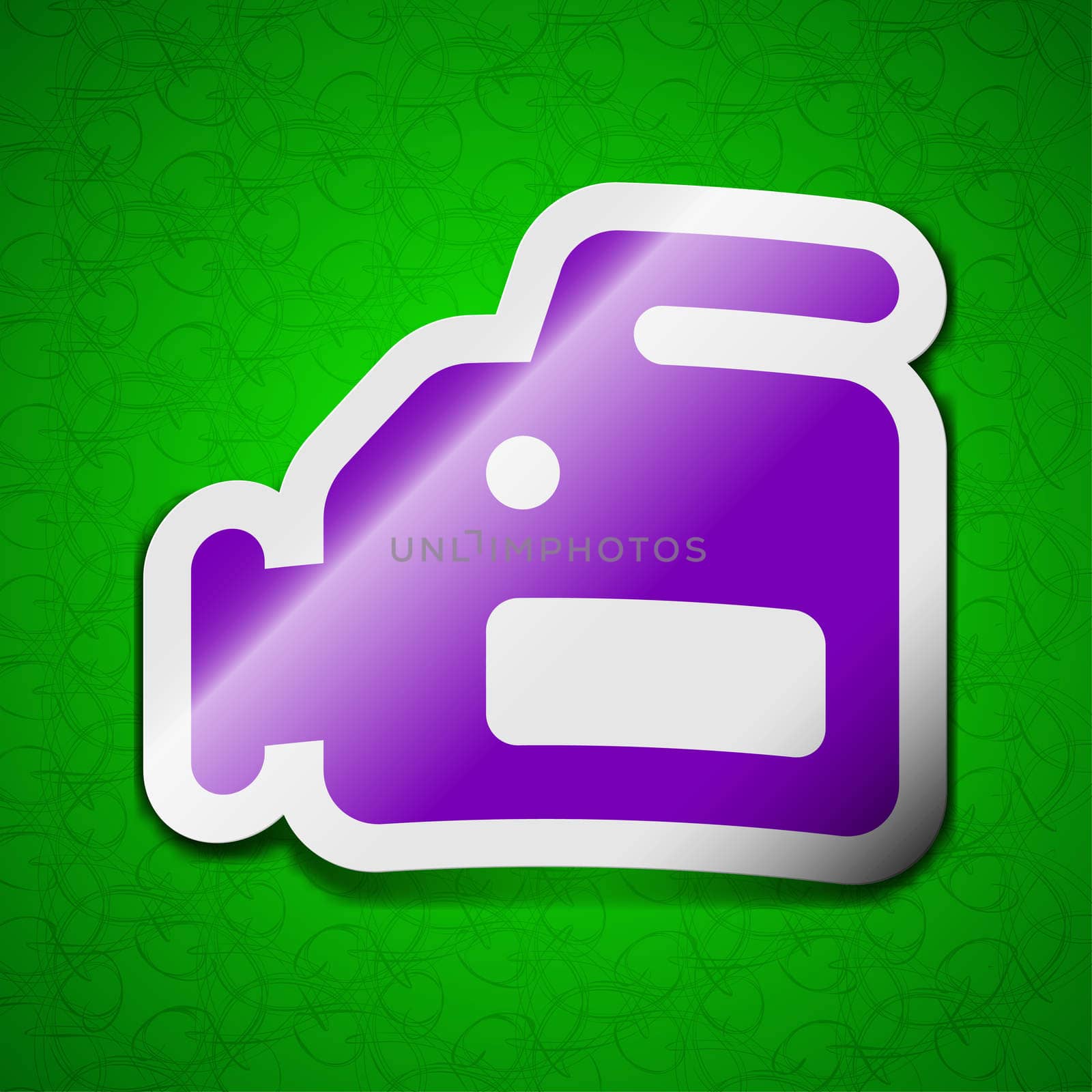 video camera icon sign. Symbol chic colored sticky label on green background. illustration