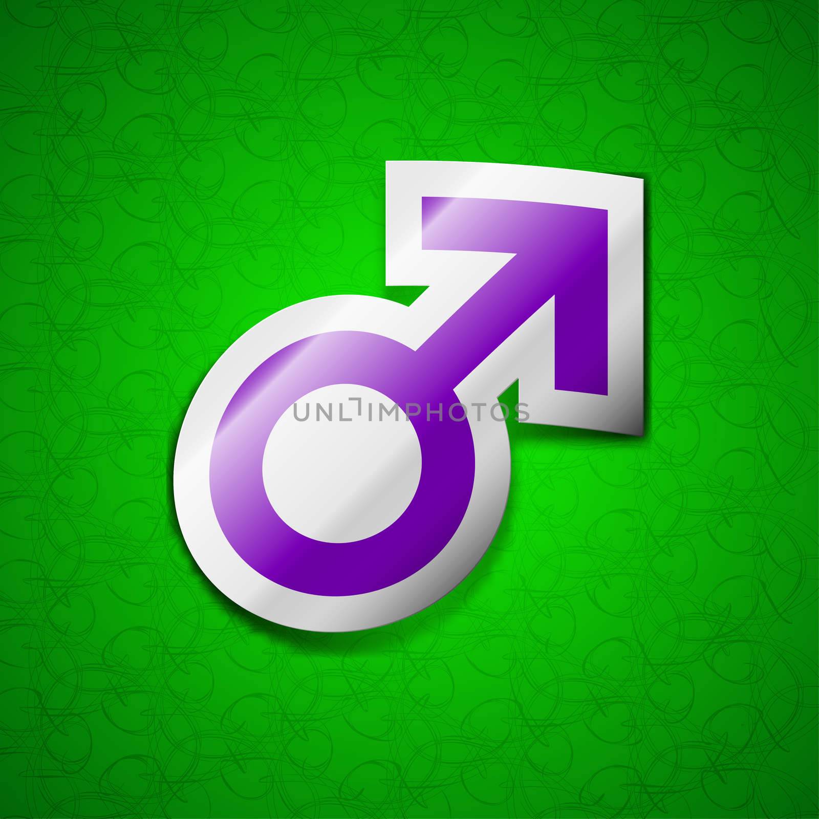 Male sex icon sign. Symbol chic colored sticky label on green background. illustration