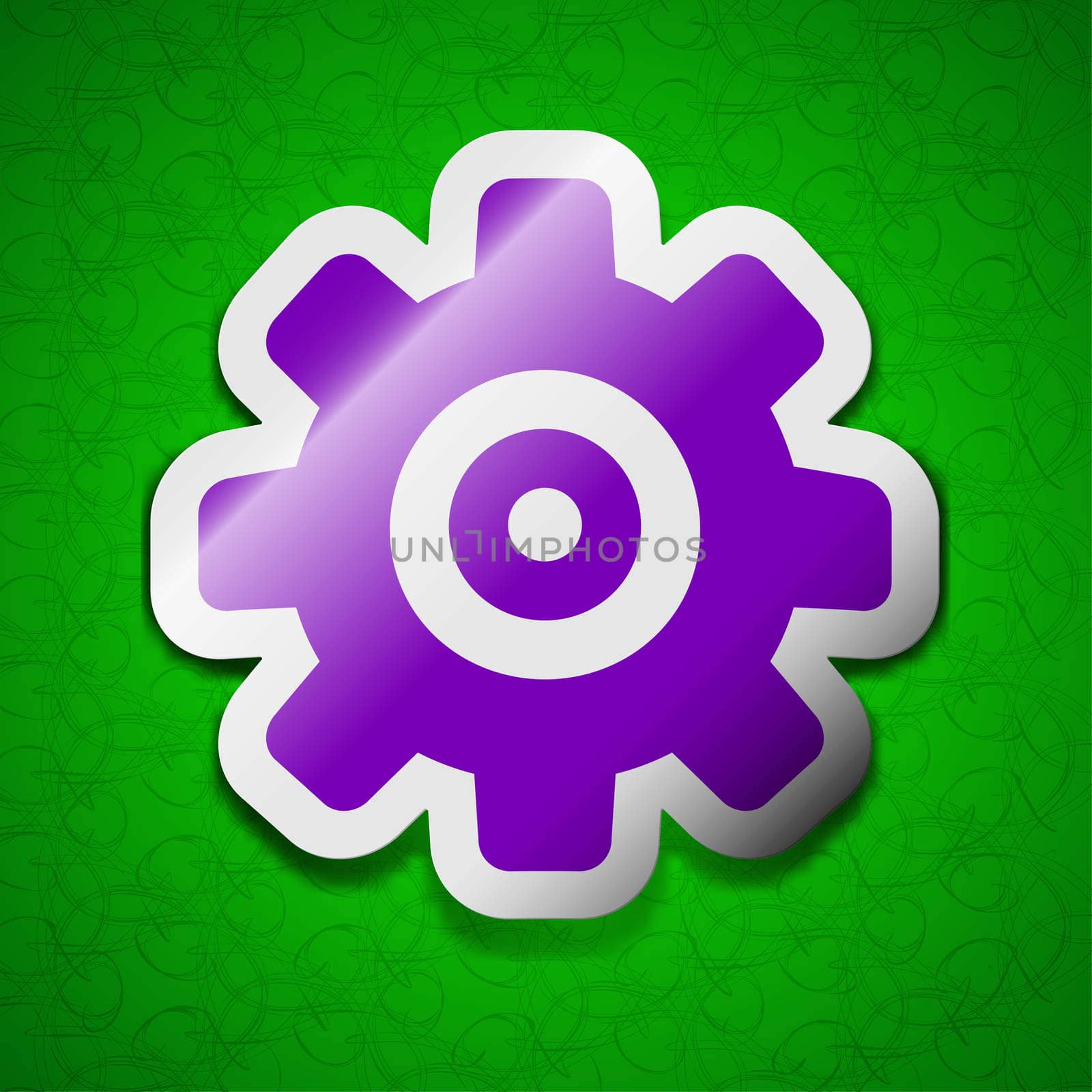 Cog settings, Cogwheel gear mechanism icon sign. Symbol chic colored sticky label on green background. illustration