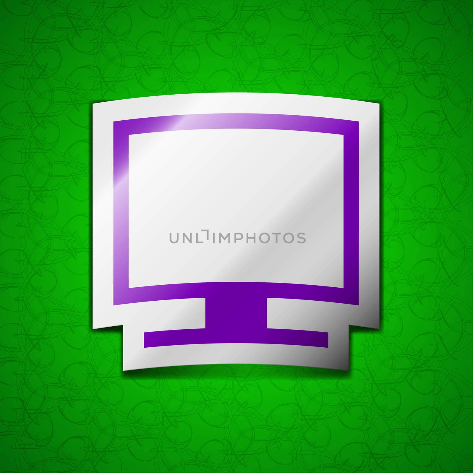 Computer widescreen monitor icon sign. Symbol chic colored sticky label on green background. illustration