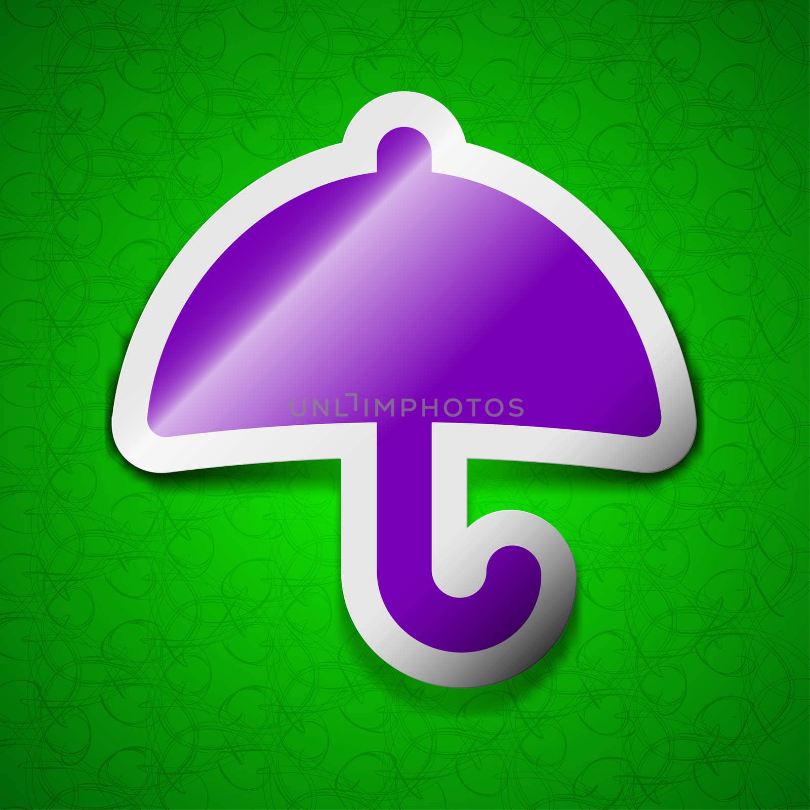 Umbrella icon sign. Symbol chic colored sticky label on green background. illustration