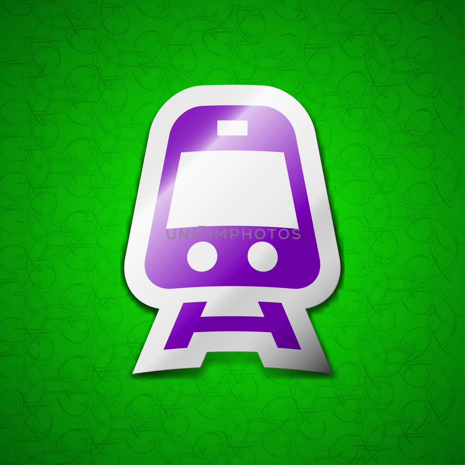 Train icon sign. Symbol chic colored sticky label on green background.  by serhii_lohvyniuk
