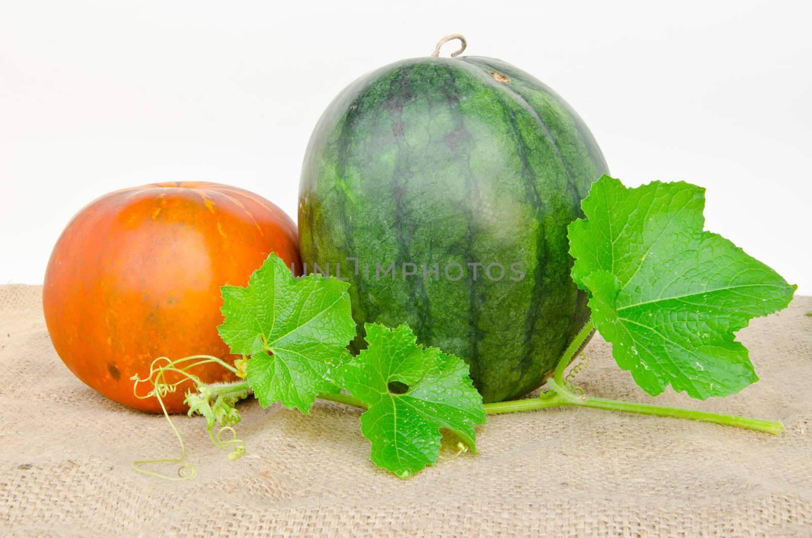 Thai cantaloupe melon and watermelon on sacks with white background