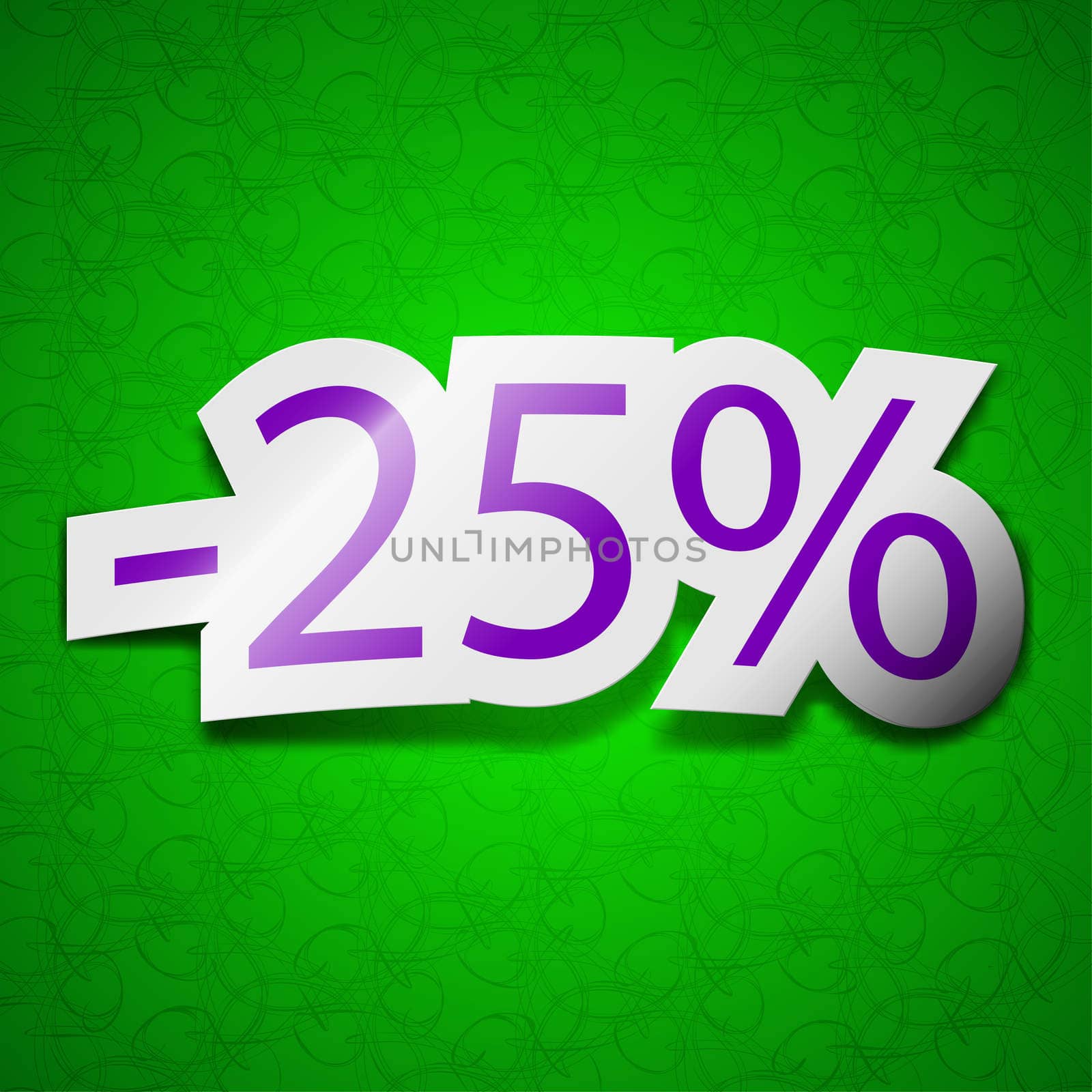 25 percent discount icon sign. Symbol chic colored sticky label on green background. illustration