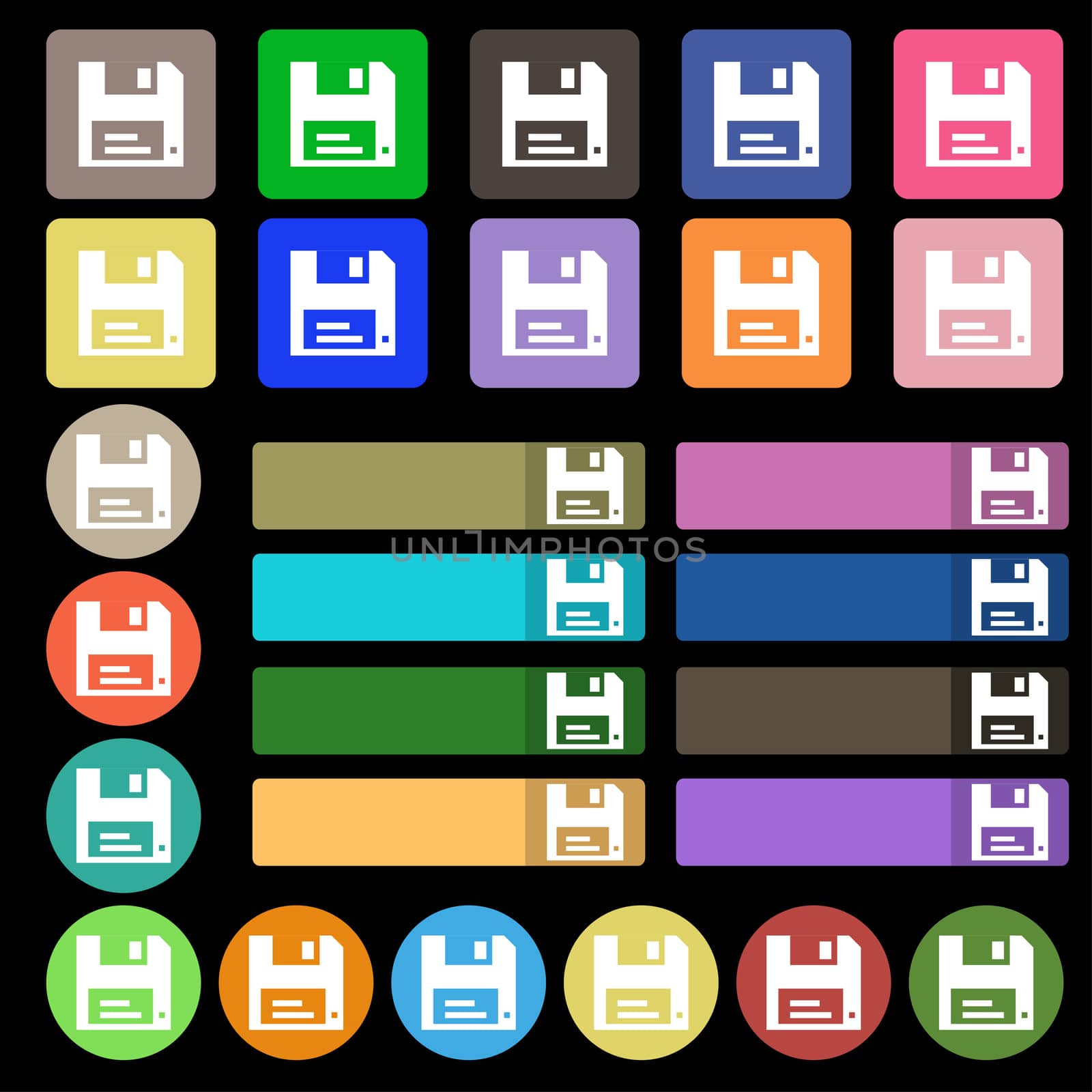 floppy icon sign. Set from twenty seven multicolored flat buttons. illustration