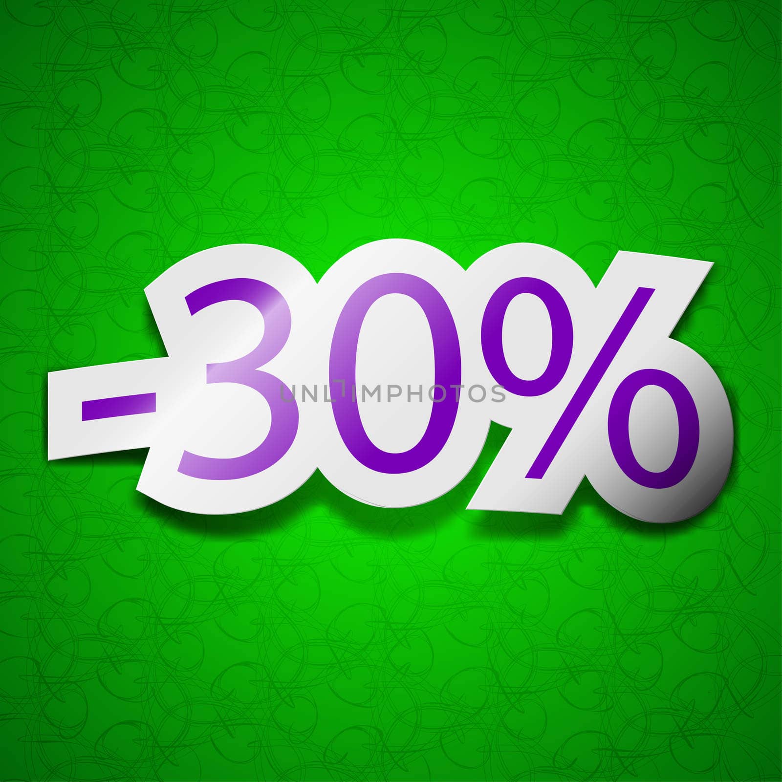 30 percent discount icon sign. Symbol chic colored sticky label on green background. illustration