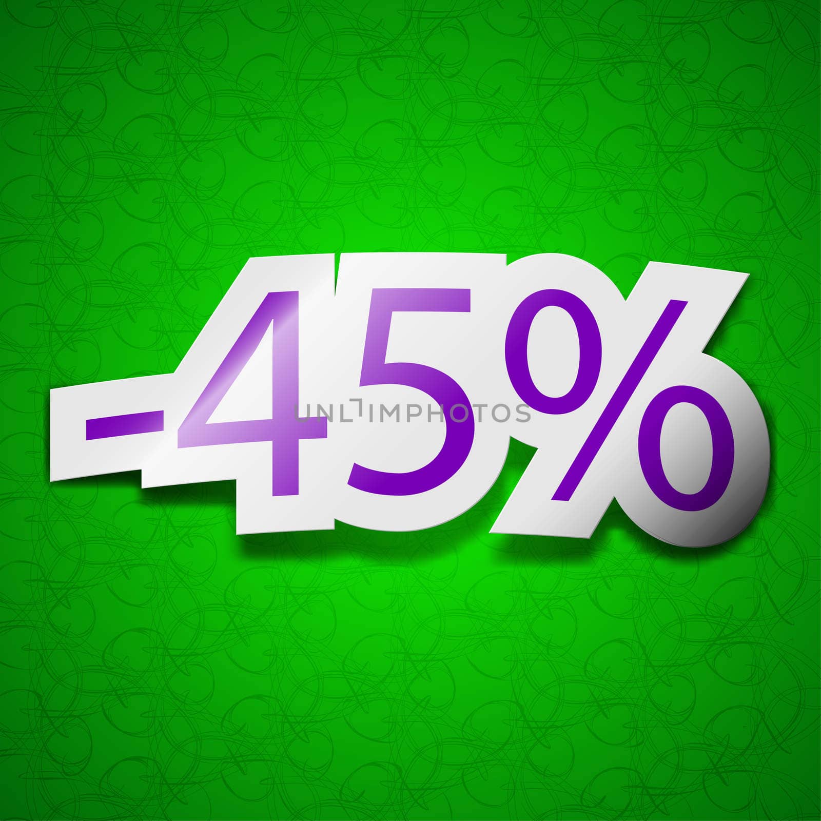 45 percent discount icon sign. Symbol chic colored sticky label on green background. illustration