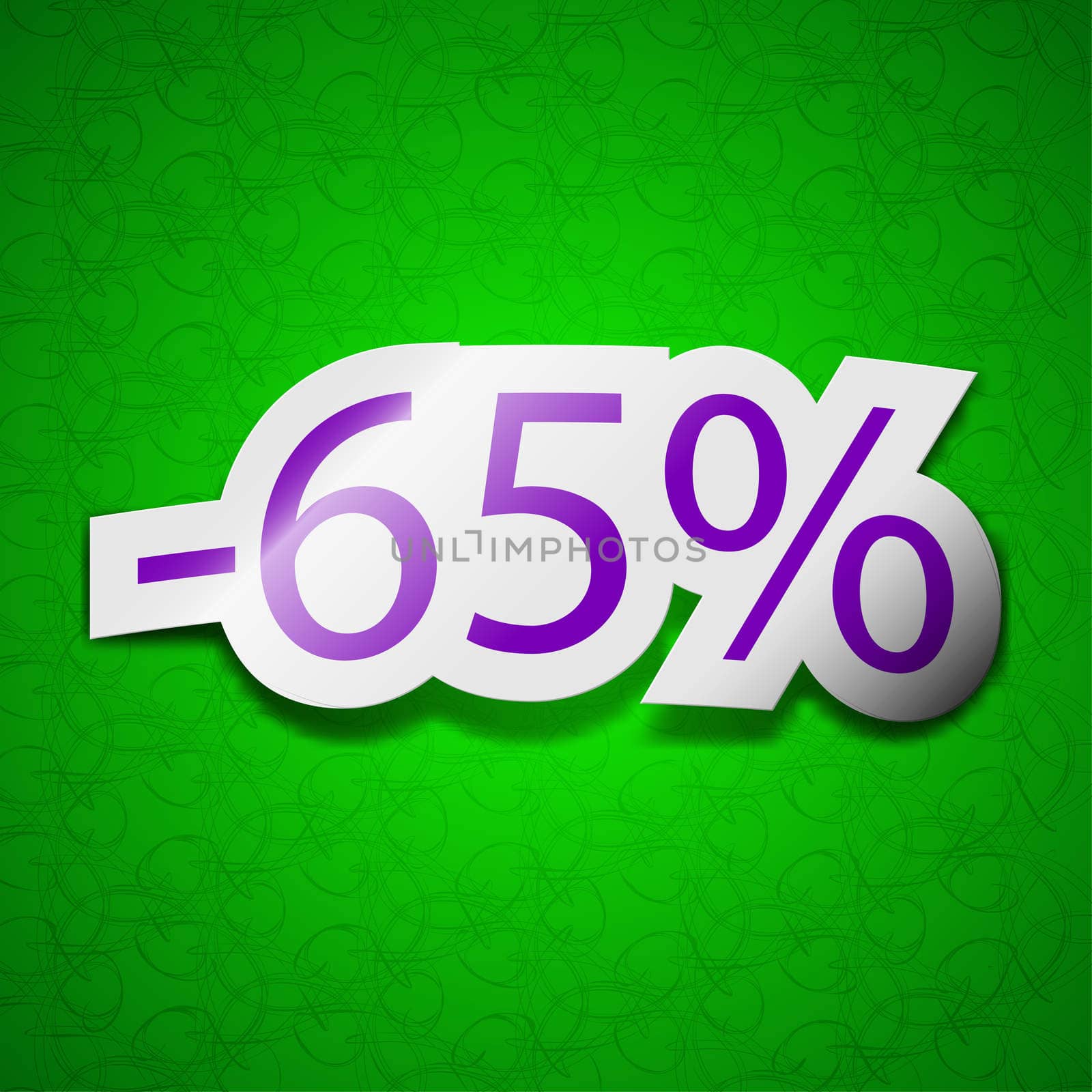 65 percent discount icon sign. Symbol chic colored sticky label on green background. illustration