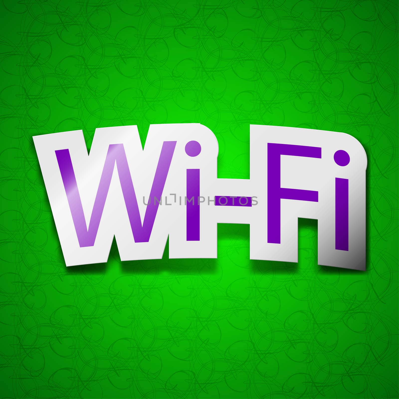 Free wifi icon sign. Symbol chic colored sticky label on green background. illustration