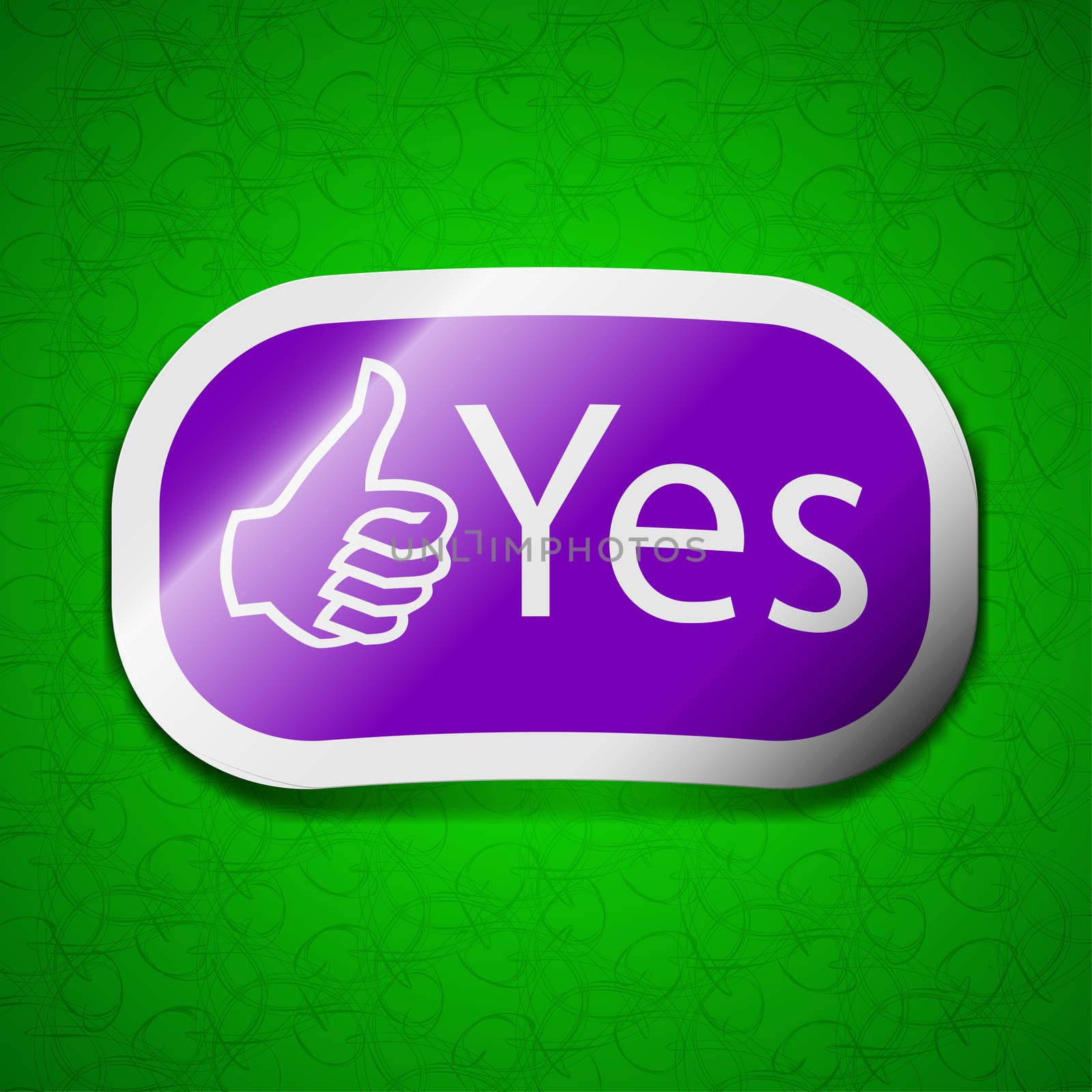 Yes icon sign. Symbol chic colored sticky label on green background. illustration