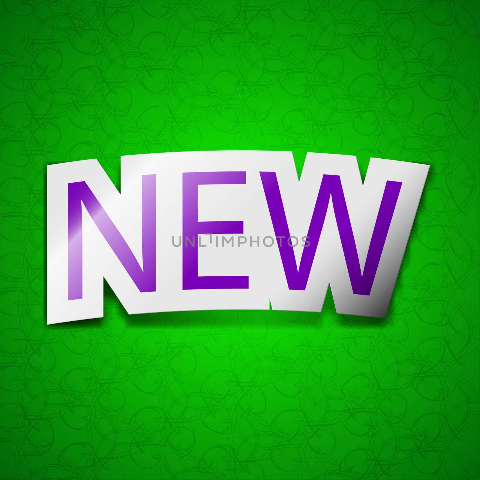 New icon sign. Symbol chic colored sticky label on green background. illustration