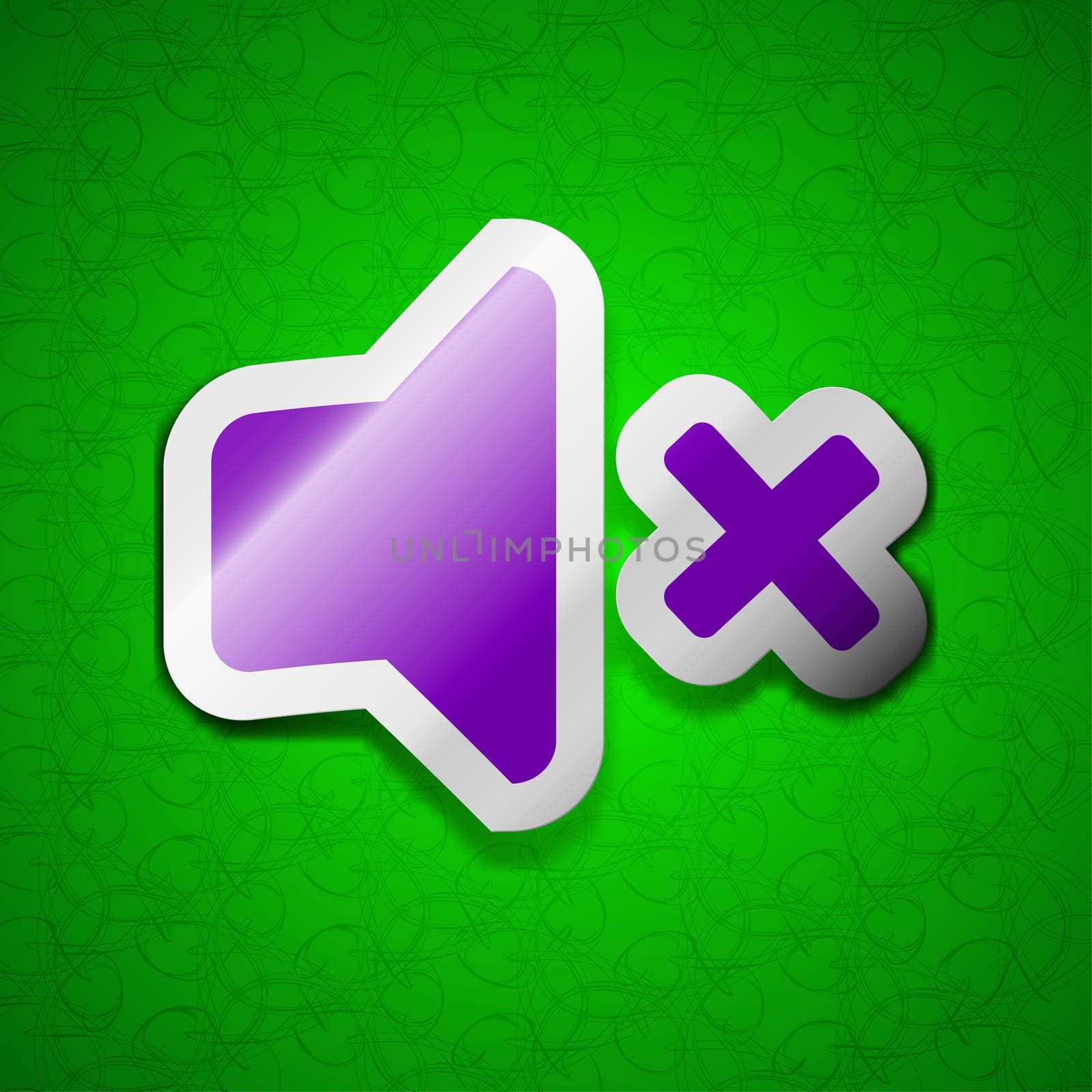 Mute speaker , Sound icon sign. Symbol chic colored sticky label on green background.  by serhii_lohvyniuk