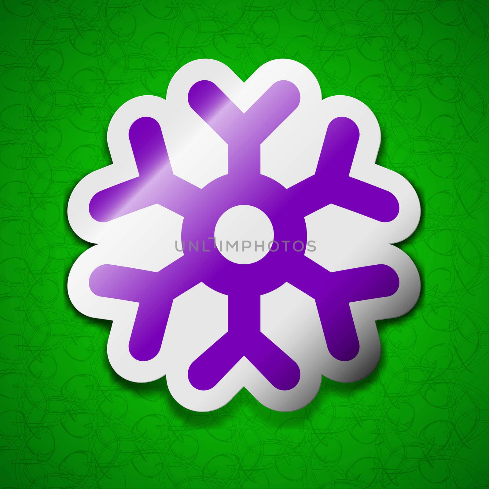 snowflake icon sign. Symbol chic colored sticky label on green background. illustration