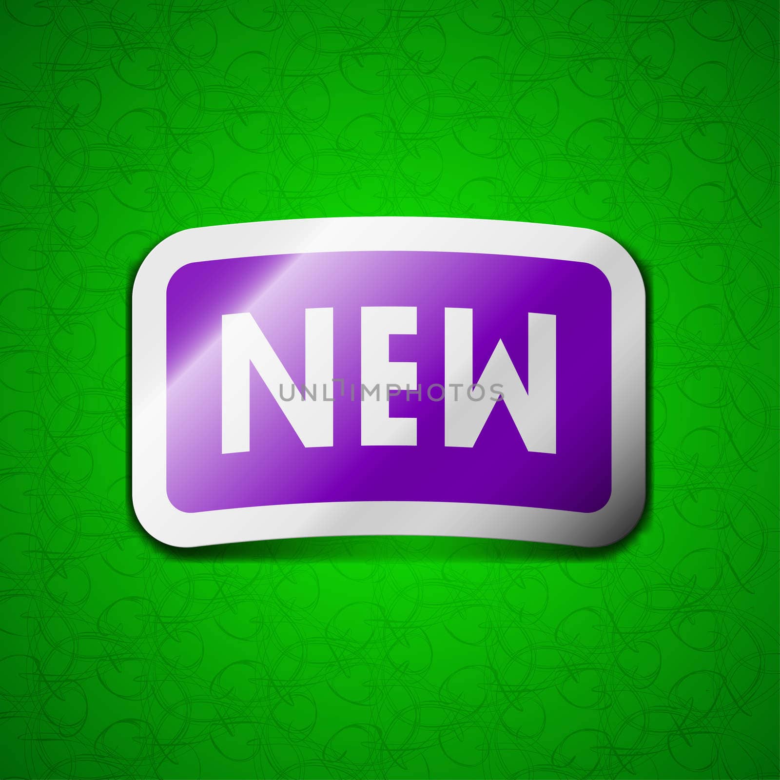 New icon sign. Symbol chic colored sticky label on green background. illustration