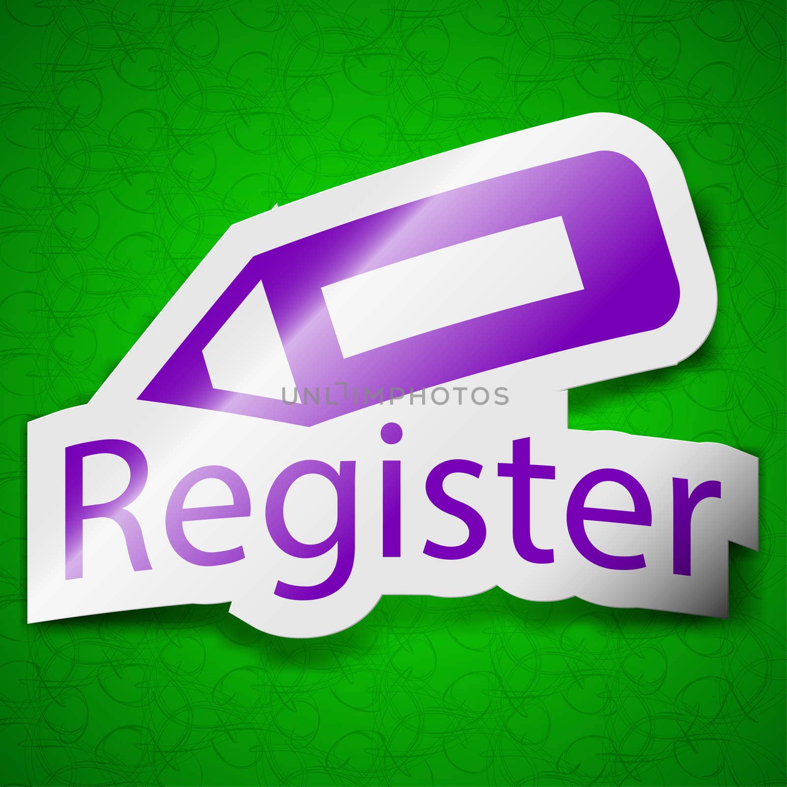 Register icon sign. Symbol chic colored sticky label on green background. illustration