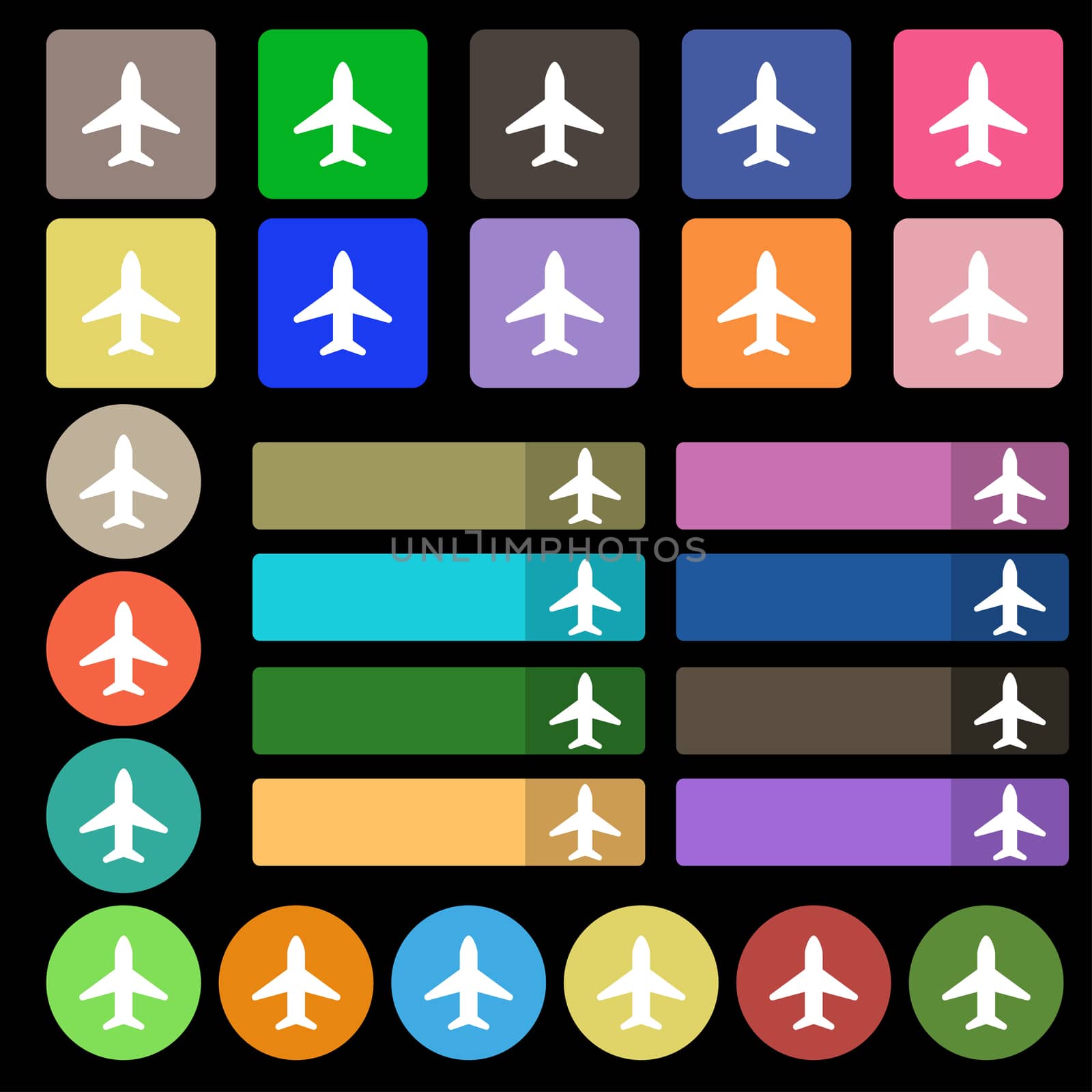 Airplane, Plane, Travel, Flight icon sign. Set from twenty seven multicolored flat buttons.  by serhii_lohvyniuk