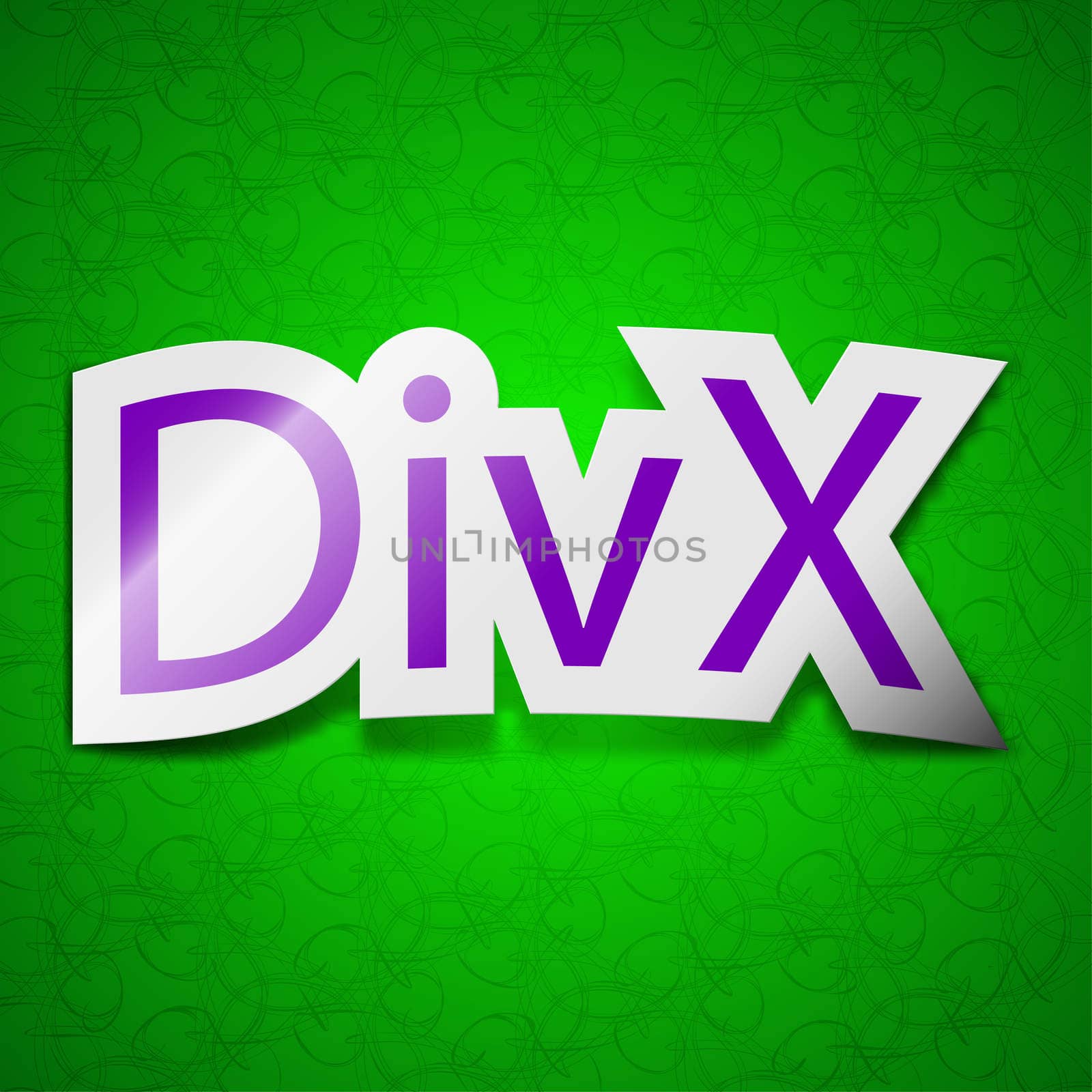 DivX video format icon sign. Symbol chic colored sticky label on green background. illustration