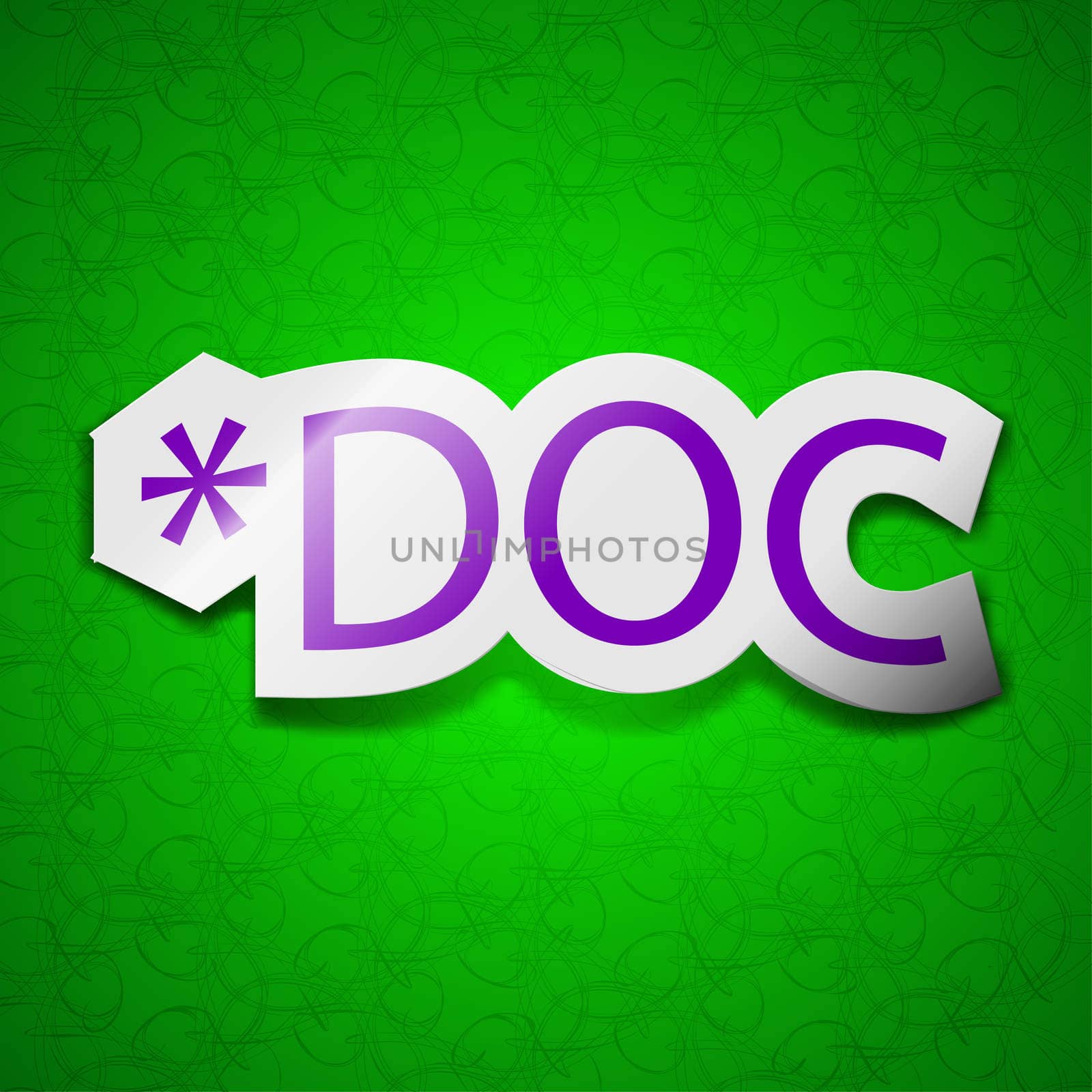 Doc file extension icon sign. Symbol chic colored sticky label on green background.  by serhii_lohvyniuk