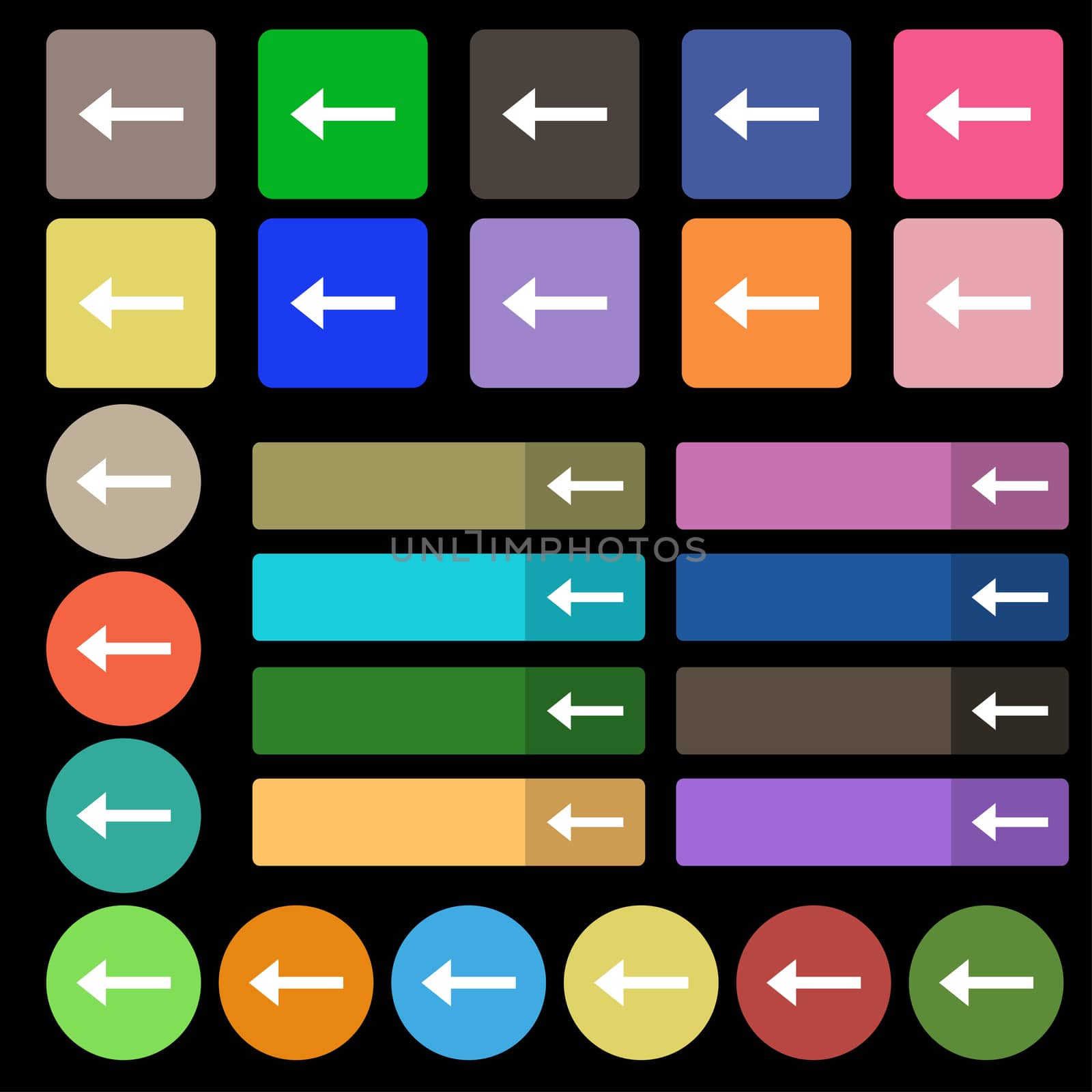 Arrow left, Way out icon sign. Set from twenty seven multicolored flat buttons.  by serhii_lohvyniuk