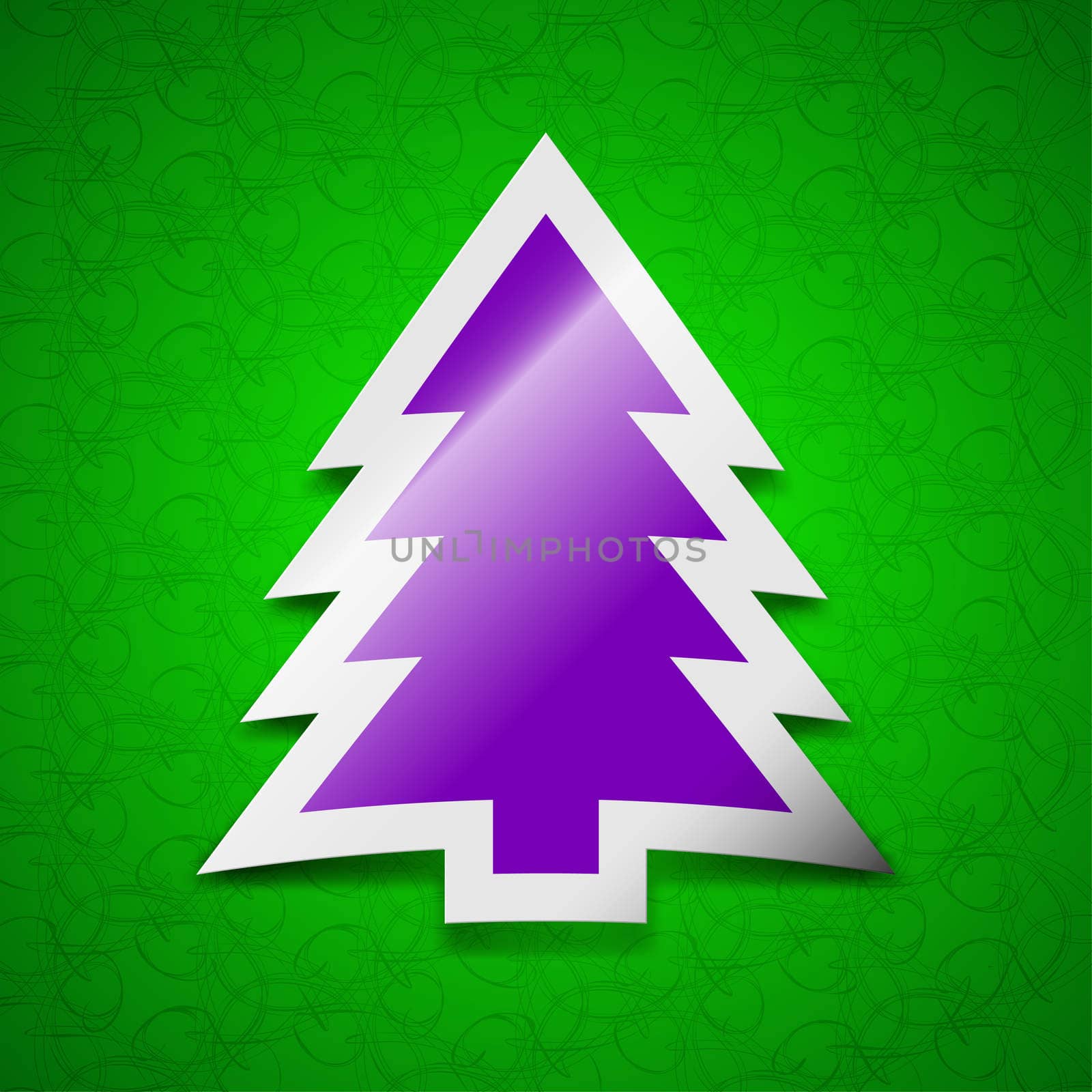 Christmas tree icon sign. Symbol chic colored sticky label on green background.  by serhii_lohvyniuk