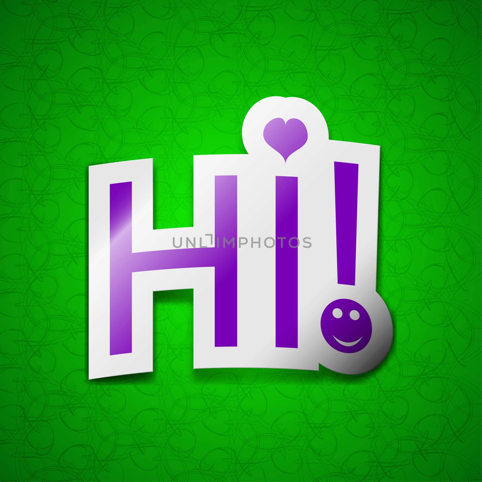 HI icon sign. Symbol chic colored sticky label on green background. illustration