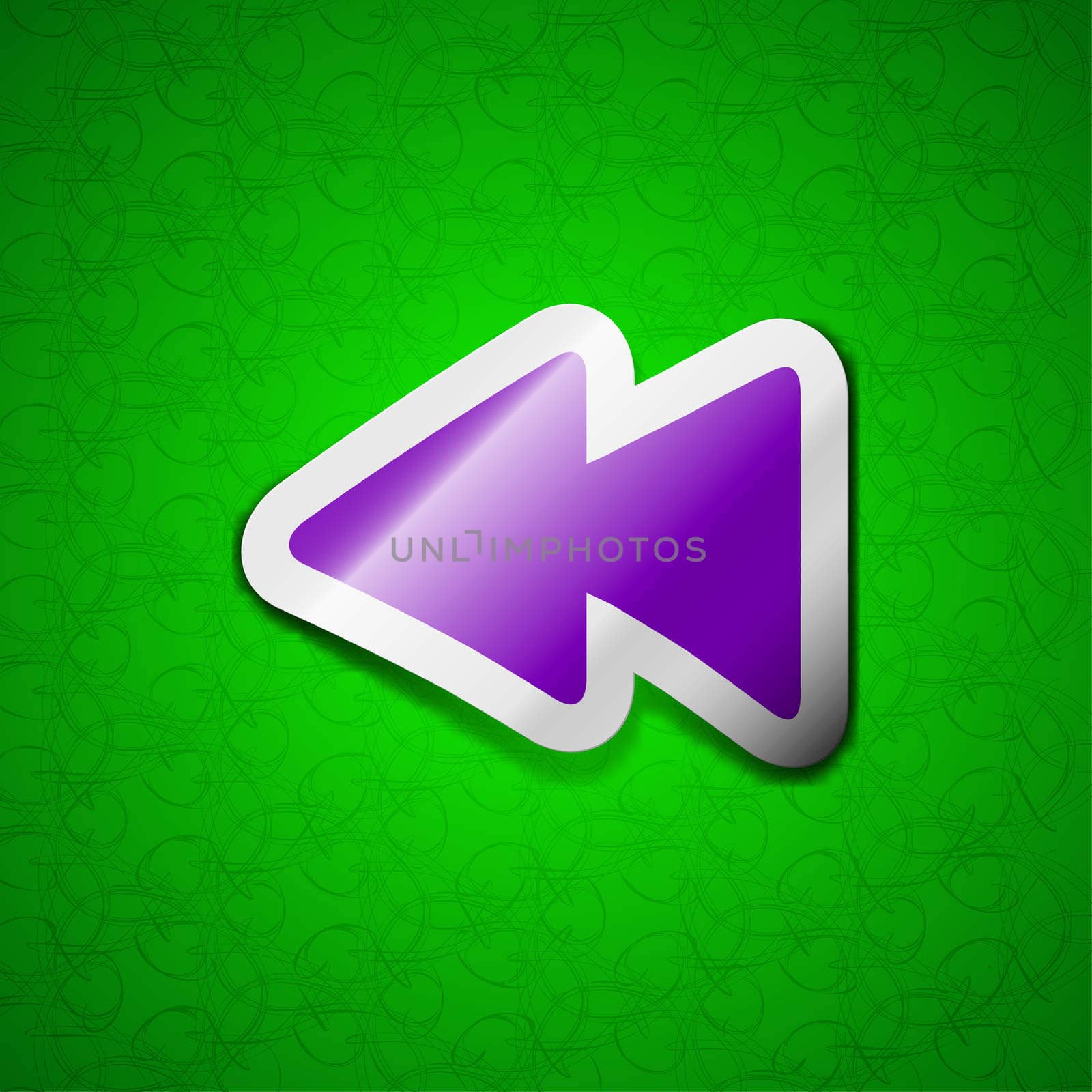 rewind icon sign. Symbol chic colored sticky label on green background. illustration