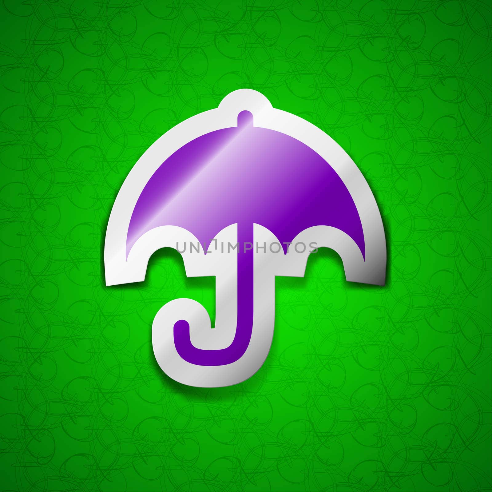 Umbrella icon sign. Symbol chic colored sticky label on green background. illustration