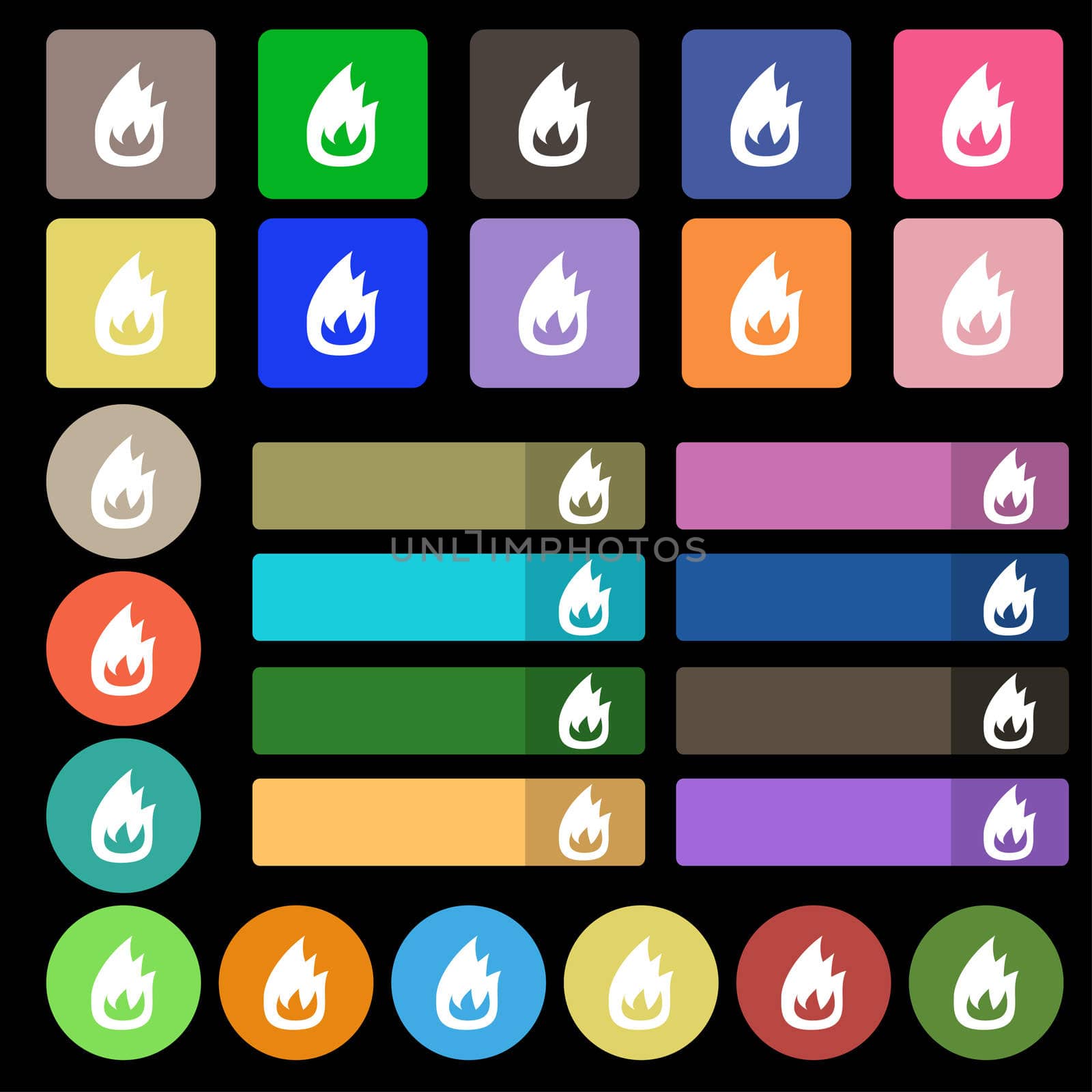 Fire flame icon sign. Set from twenty seven multicolored flat buttons. illustration