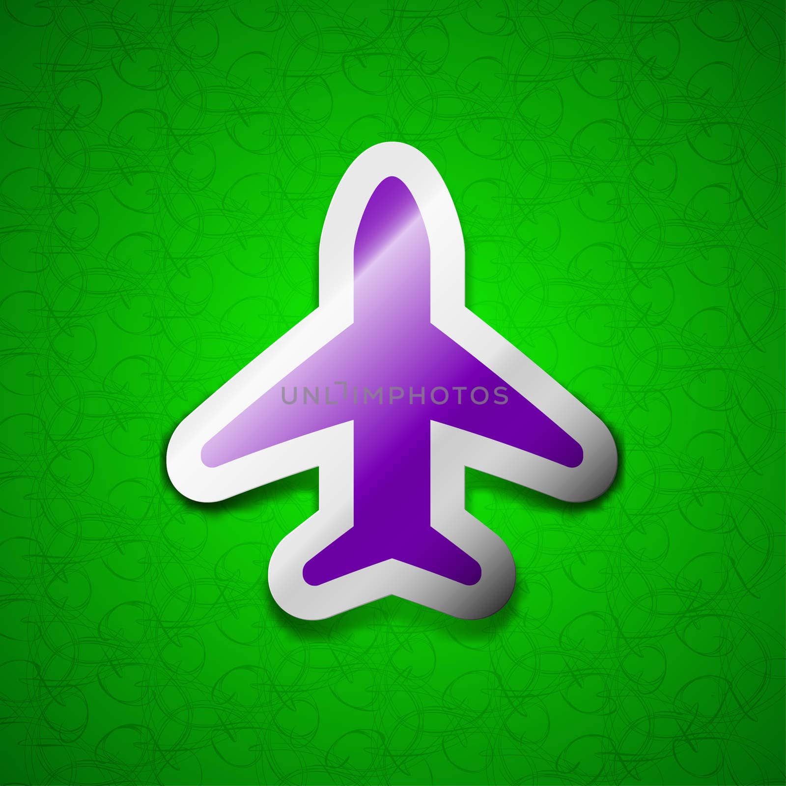 Airplane, Plane, Travel, Flight icon sign. Symbol chic colored sticky label on green background. illustration