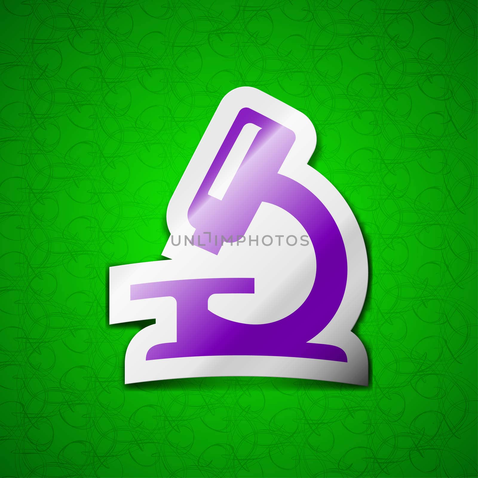 microscope icon sign. Symbol chic colored sticky label on green background. illustration