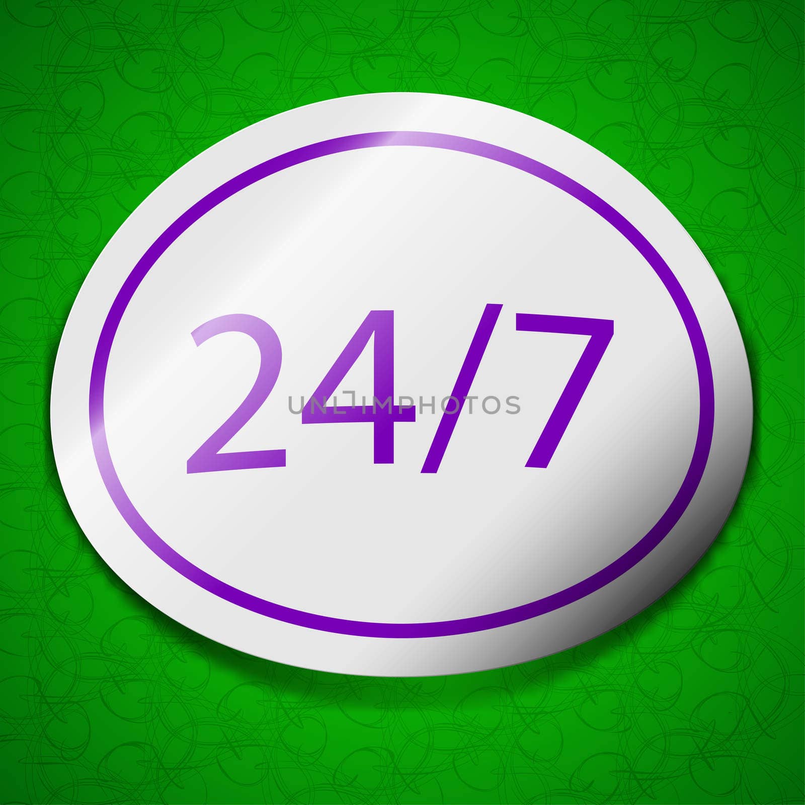 24 hours a day and 7 days a week icon sign. Symbol chic colored sticky label on green background. illustration