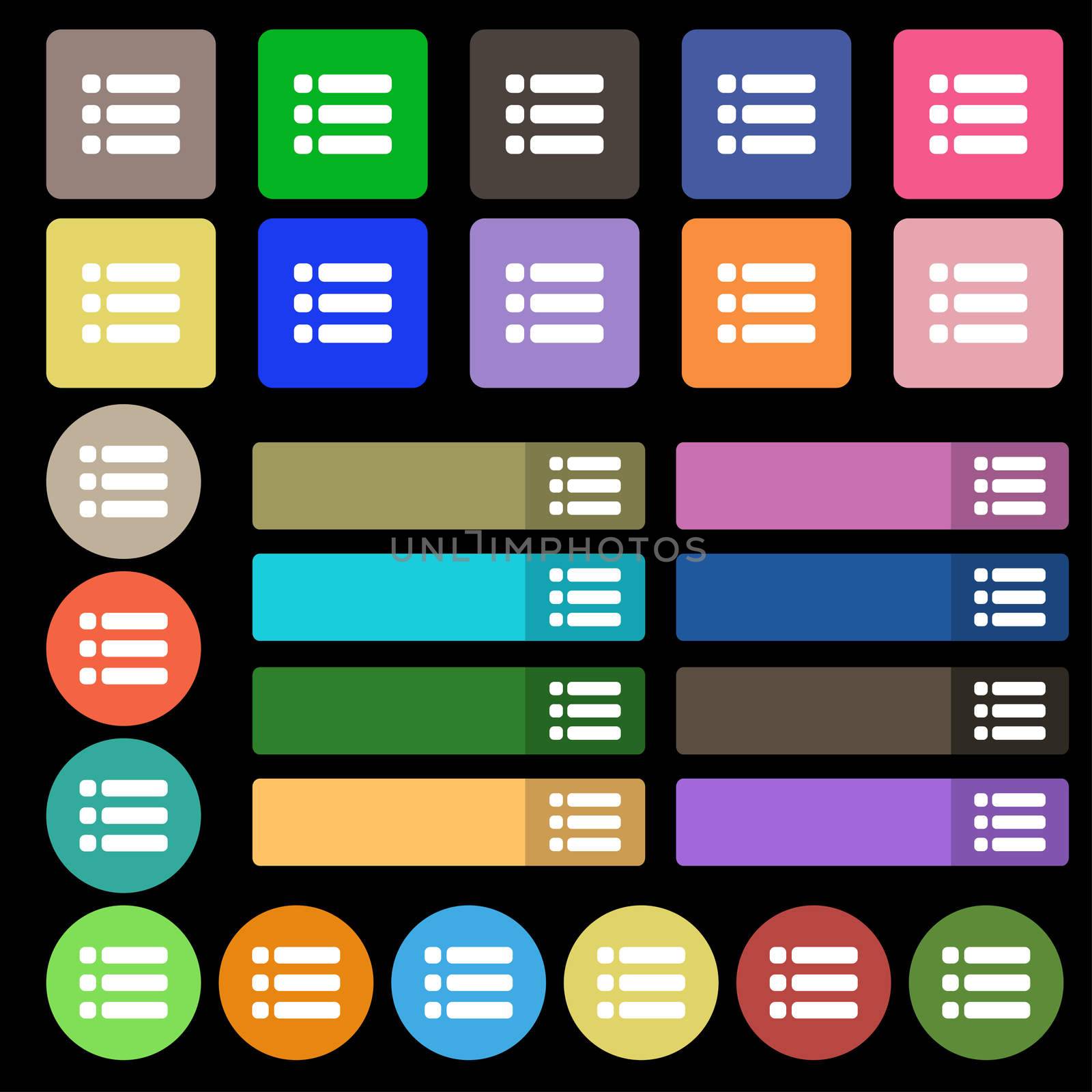 List menu, Content view options icon sign. Set from twenty seven multicolored flat buttons. illustration