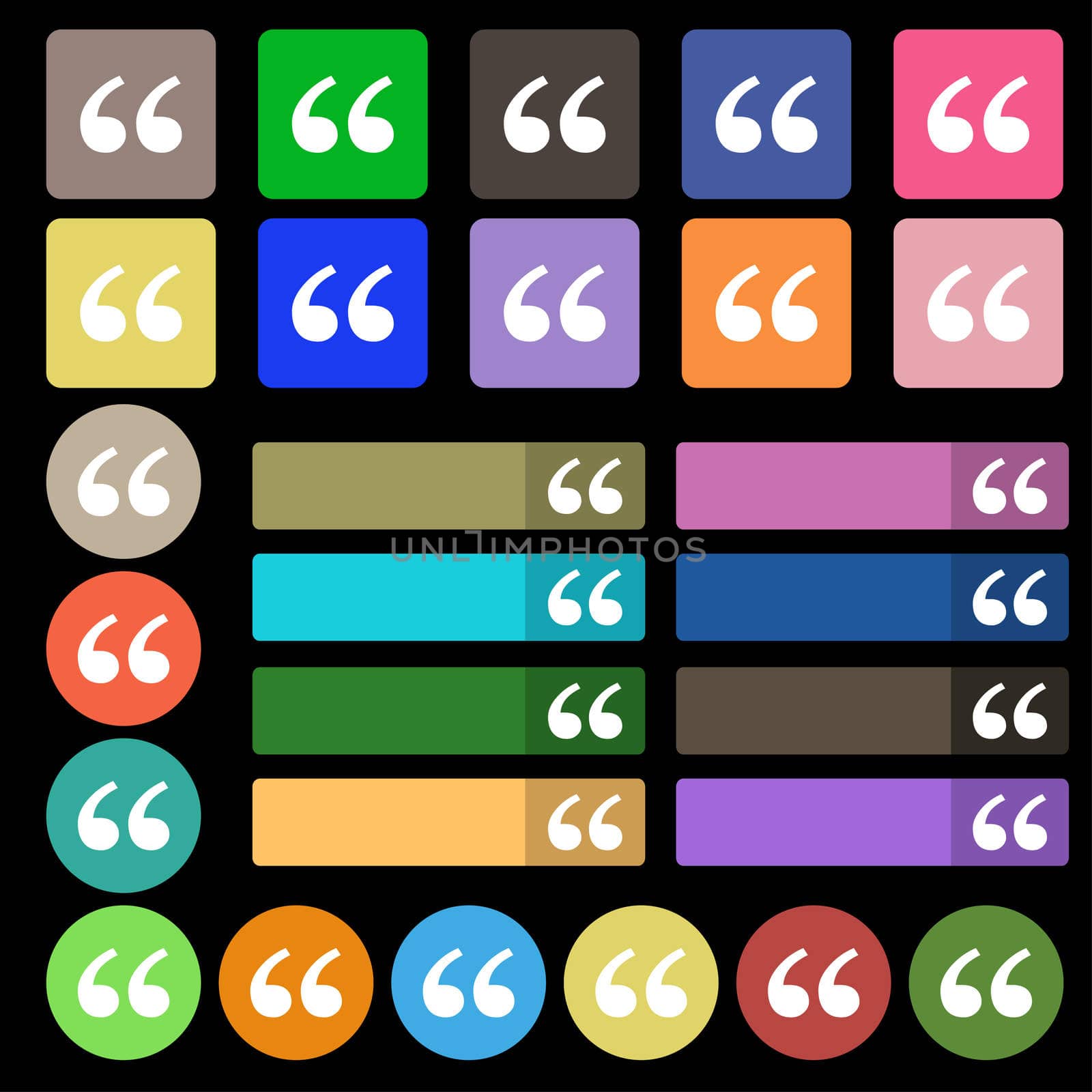 Double quotes at the beginning of words icon sign. Set from twenty seven multicolored flat buttons. illustration