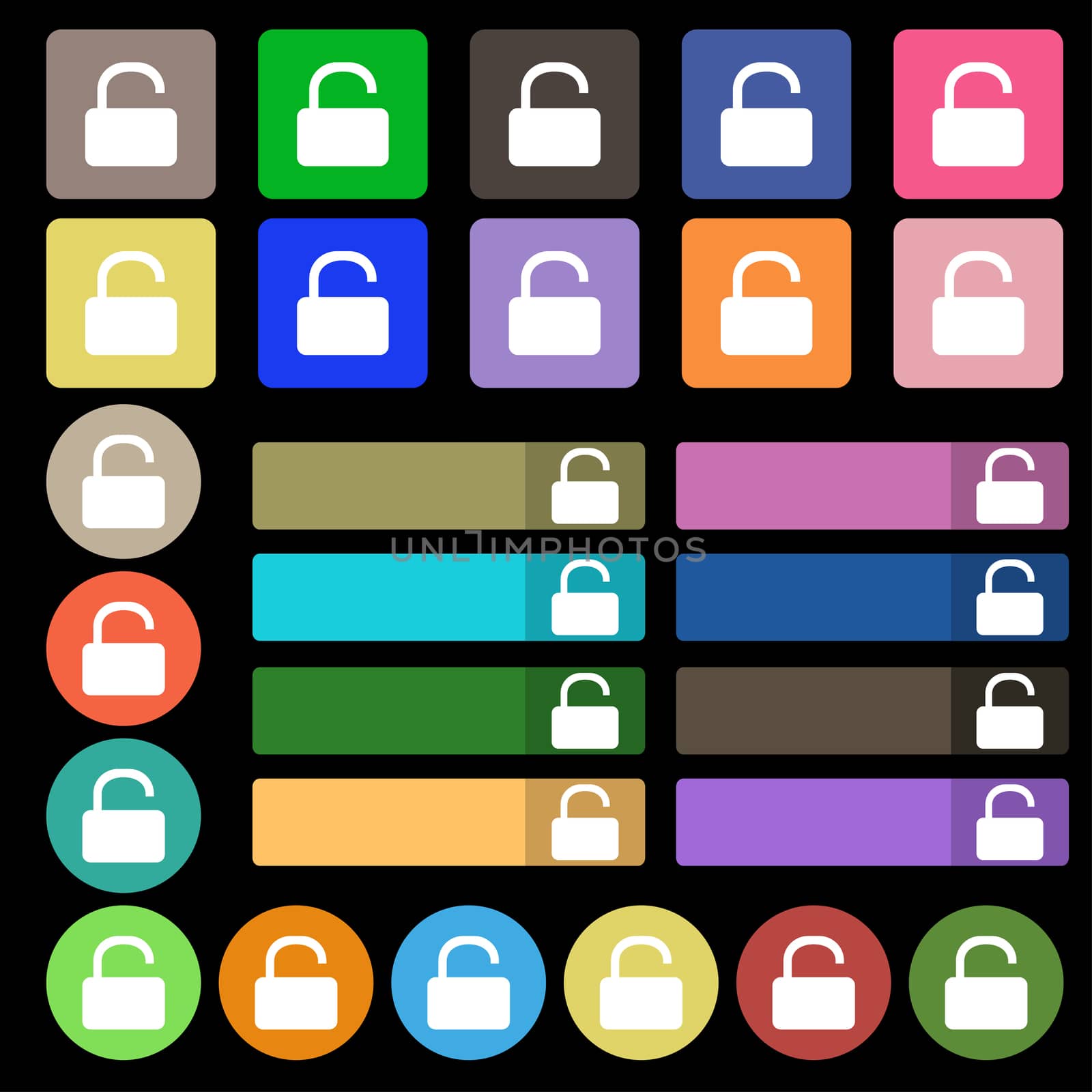 Open Padlock icon sign. Set from twenty seven multicolored flat buttons. illustration