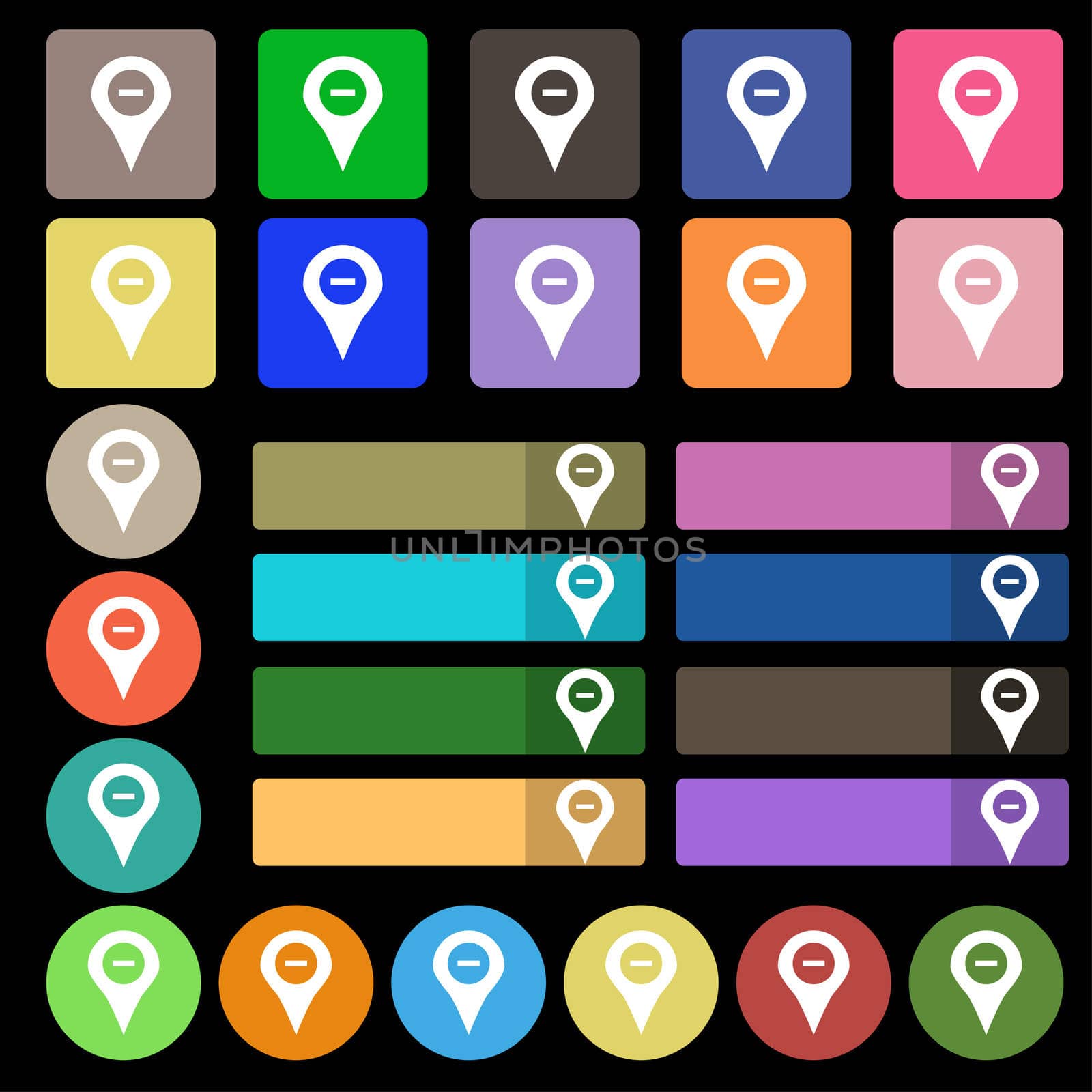 Minus Map pointer, GPS location icon sign. Set from twenty seven multicolored flat buttons. illustration