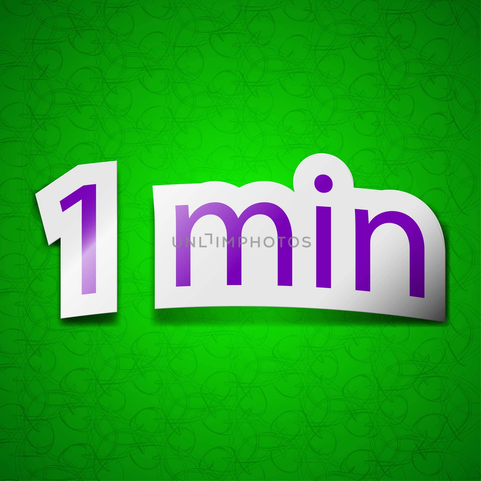 1 minutes icon sign. Symbol chic colored sticky label on green background. illustration