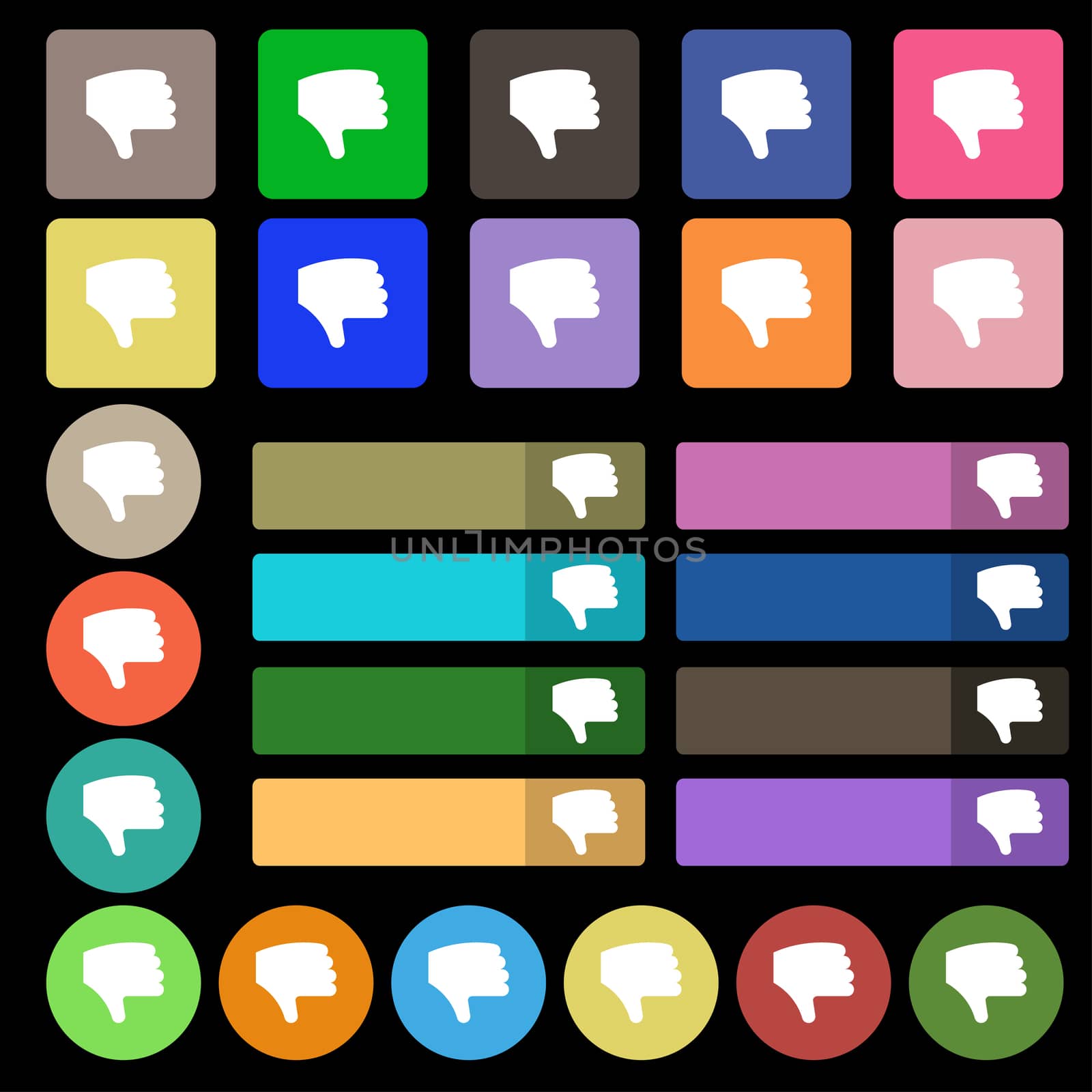 Dislike, Thumb down, Hand finger down icon sign. Set from twenty seven multicolored flat buttons. illustration
