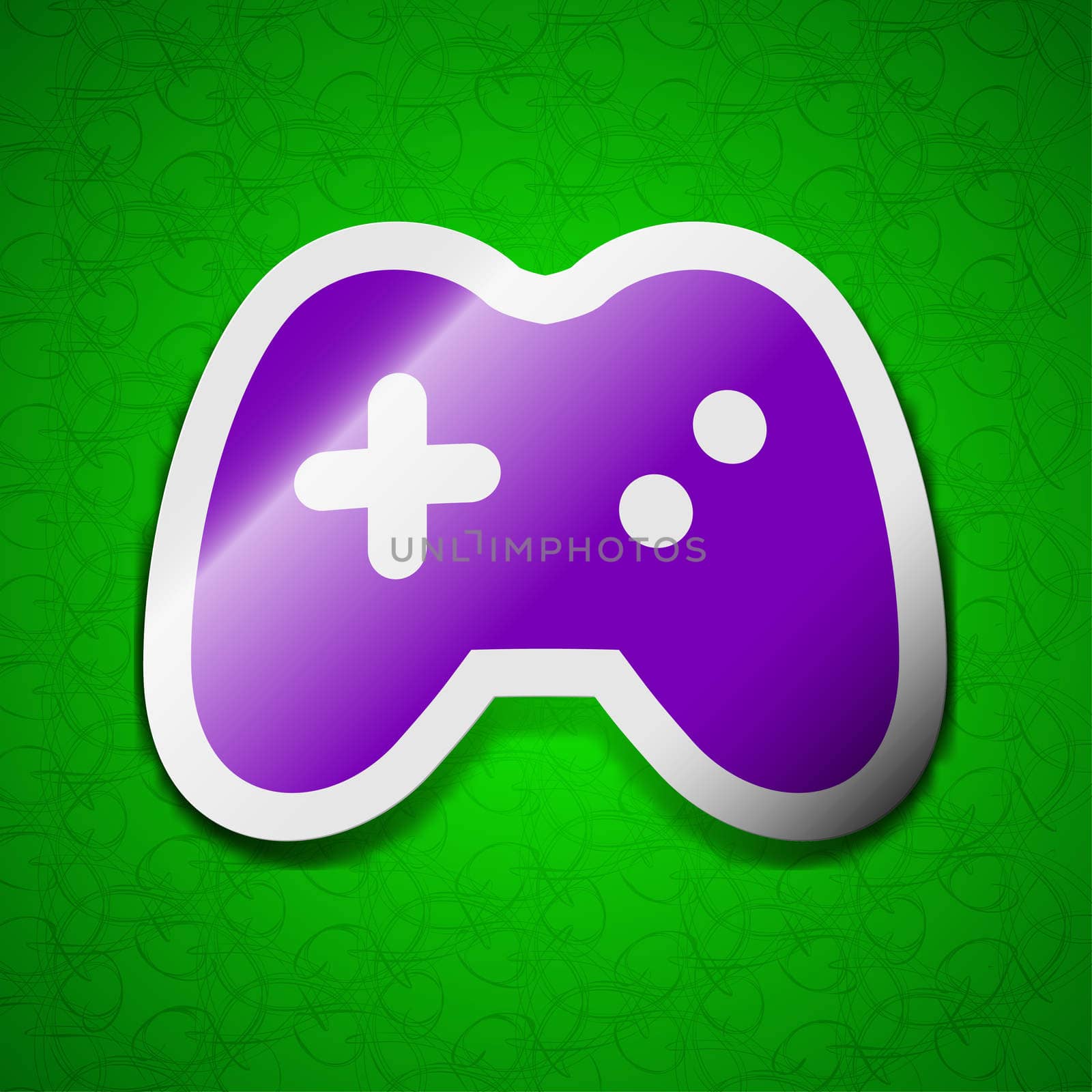 Joystick icon sign. Symbol chic colored sticky label on green background. illustration