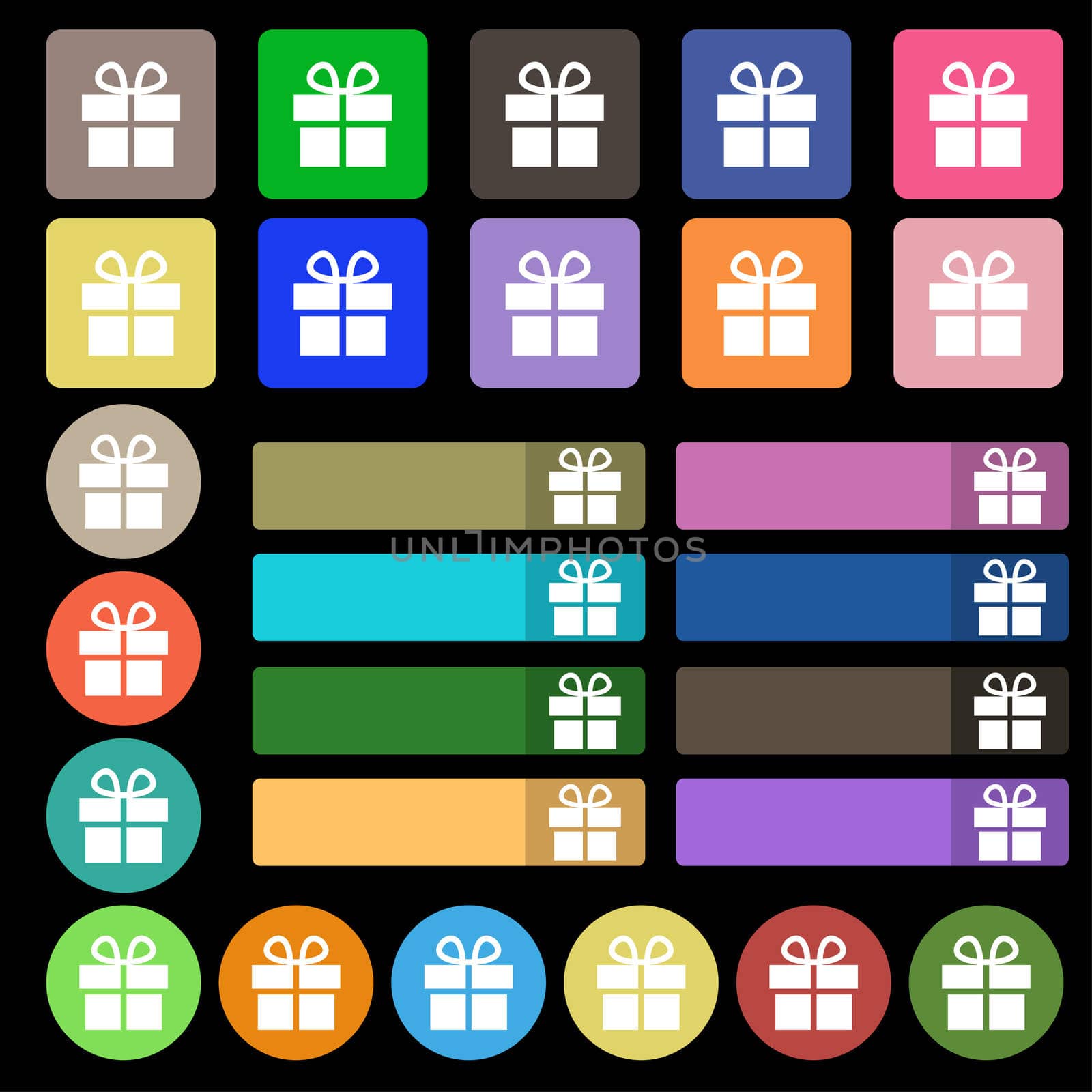 Gift box icon sign. Set from twenty seven multicolored flat buttons. illustration