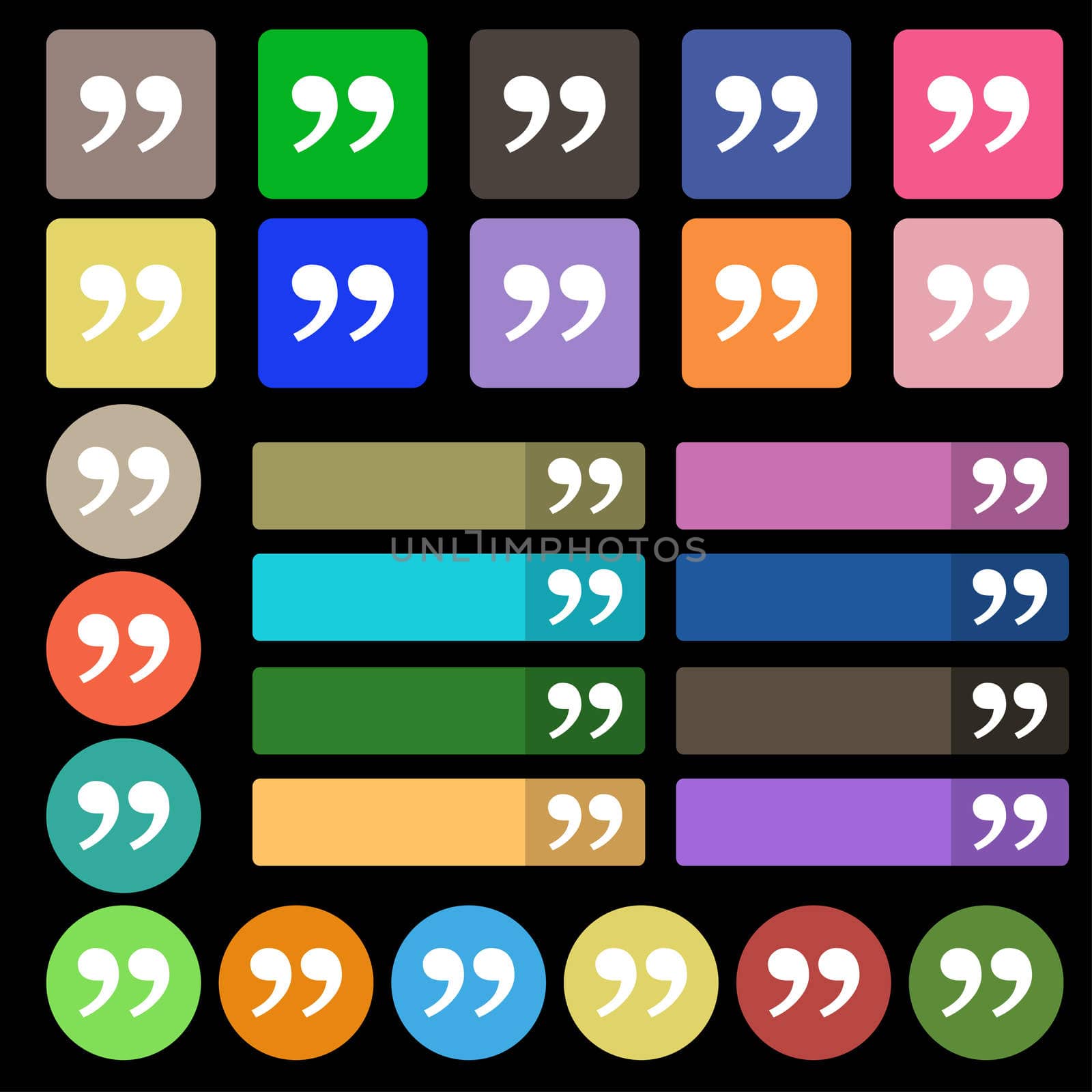 Double quotes at the end of words icon sign. Set from twenty seven multicolored flat buttons. illustration