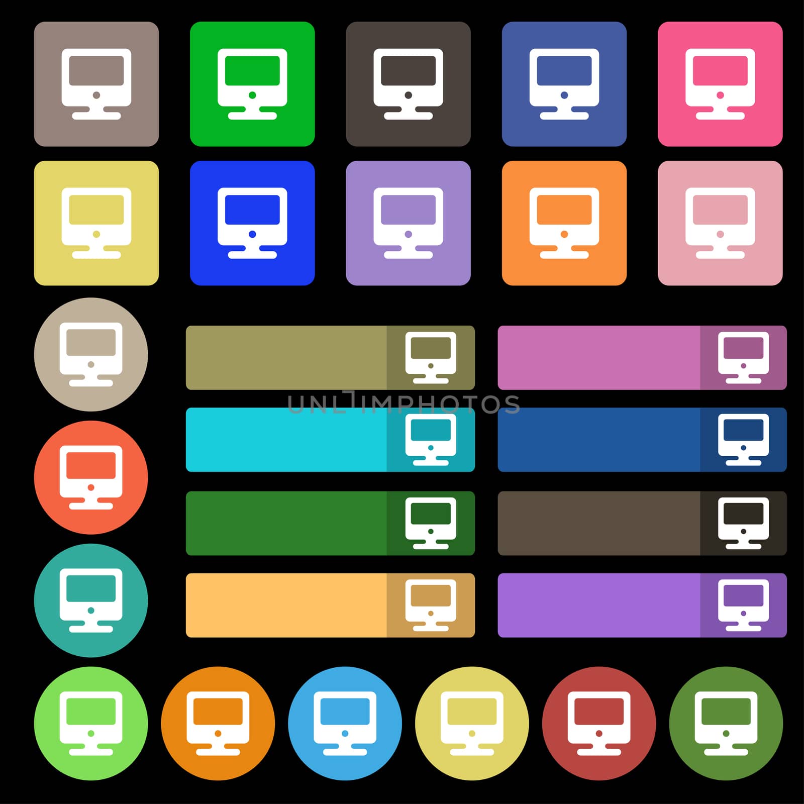 monitor icon sign. Set from twenty seven multicolored flat buttons. illustration