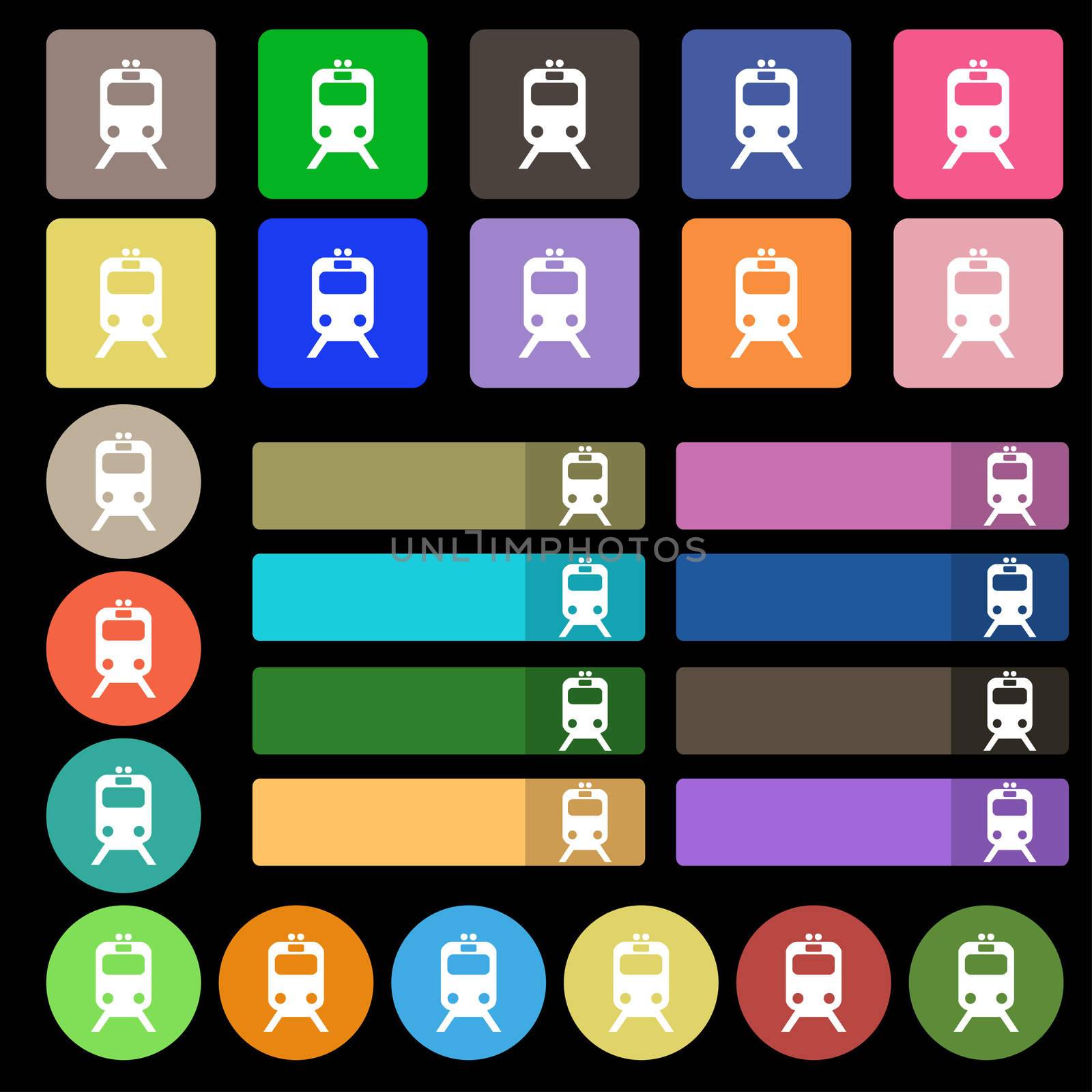 train icon sign. Set from twenty seven multicolored flat buttons. illustration