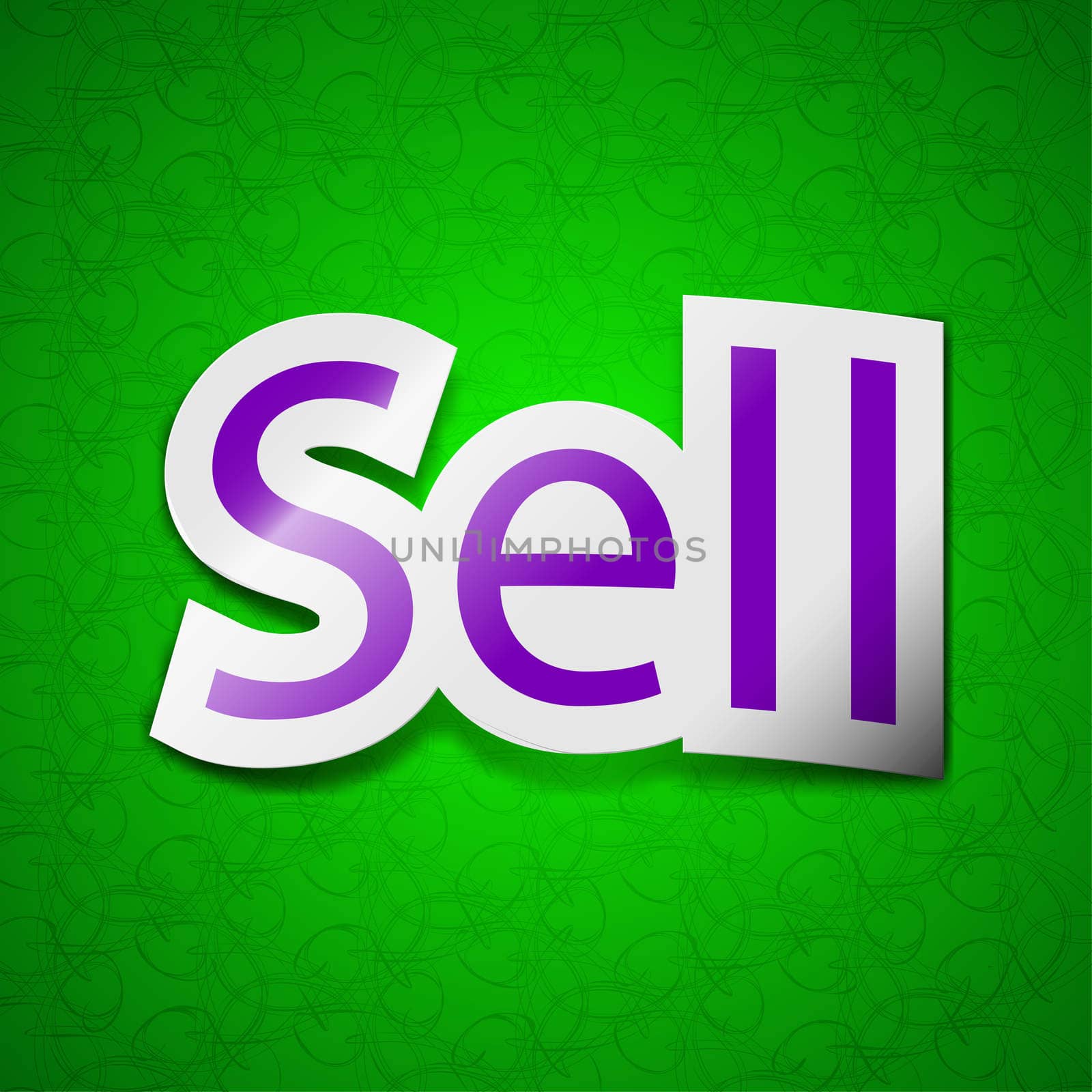 Sell icon sign. Symbol chic colored sticky label on green background. illustration